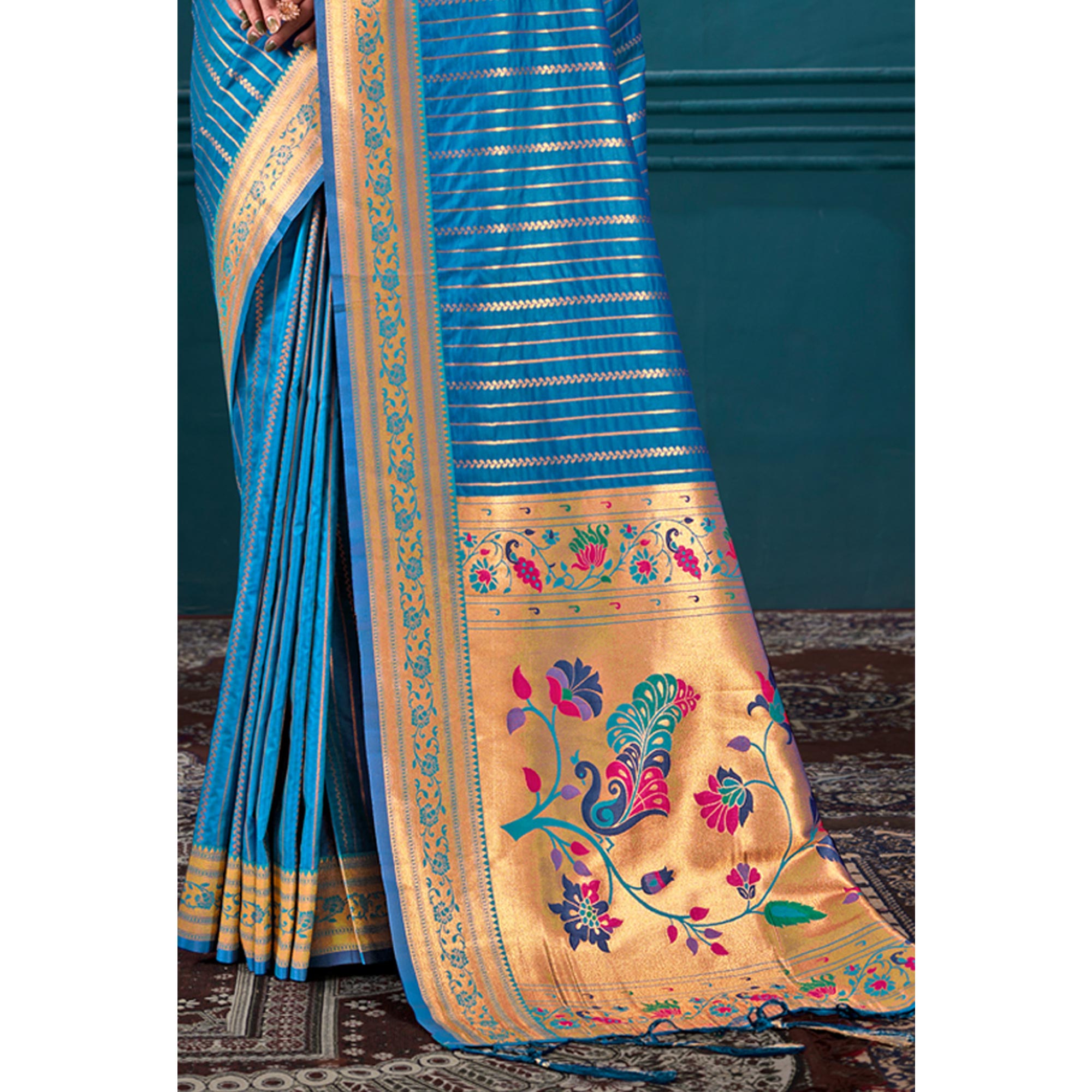 Blue Woven Paithani Raw Silk Saree With Tassels