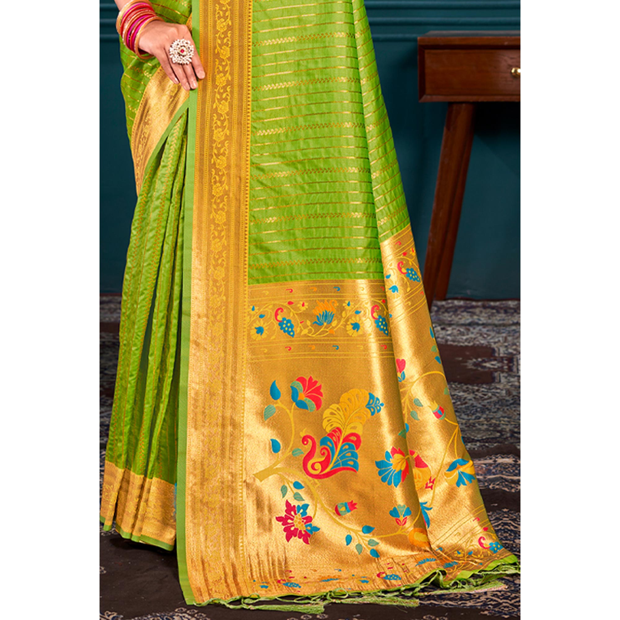 Parrot Green Woven Paithani Raw Silk Saree With Tassels