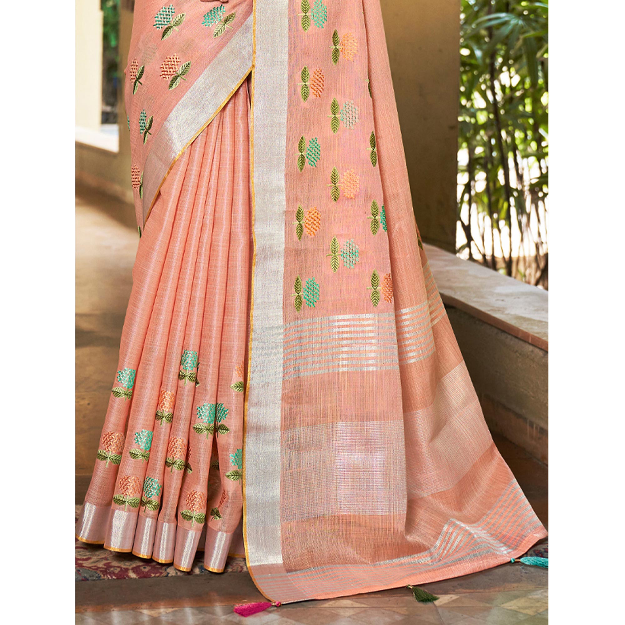 Peach Floral Embroidered Linen Saree With Tassels