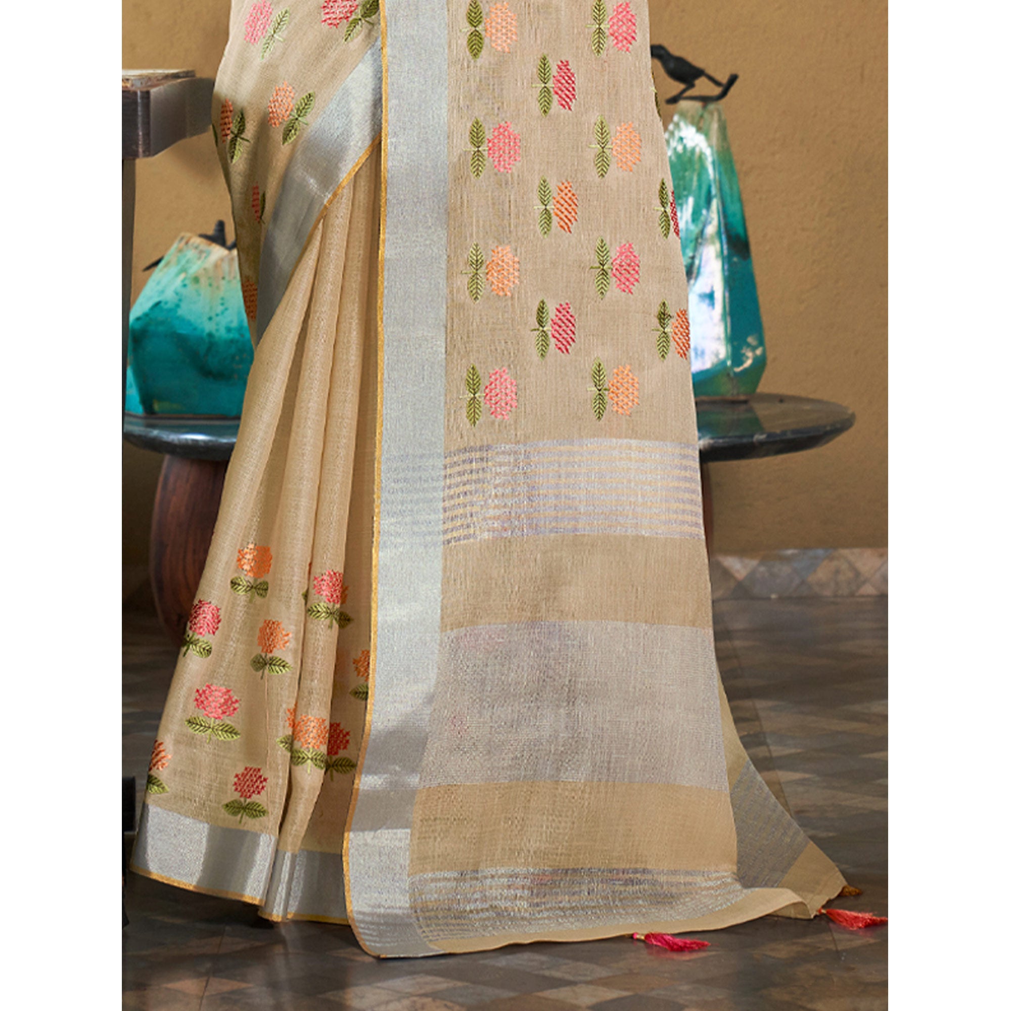 Beige Floral Embroidered Linen Saree With Tassels