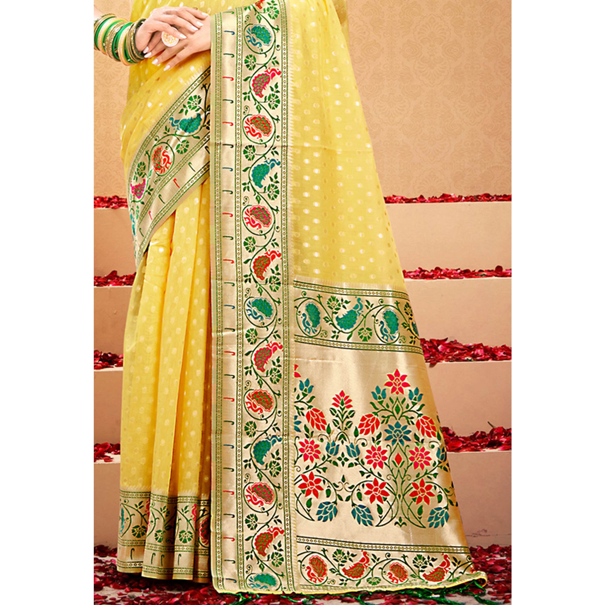 Yellow Floral Woven Cotton Blend Saree With Tassels