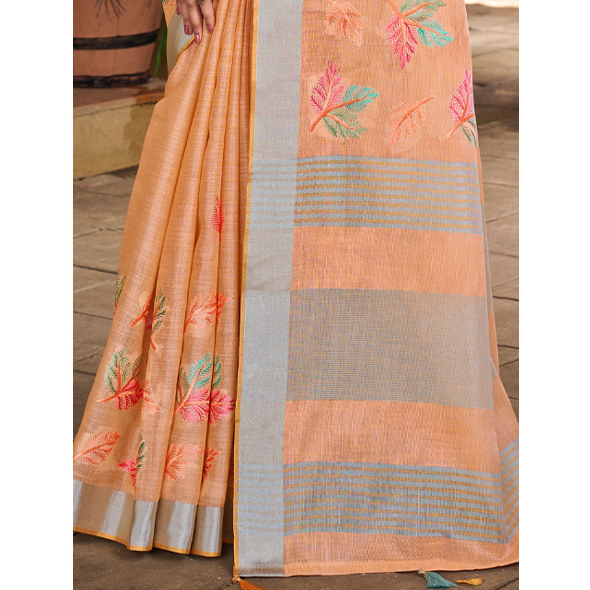 Orange Floral Embroidered Linen Saree With Tassels