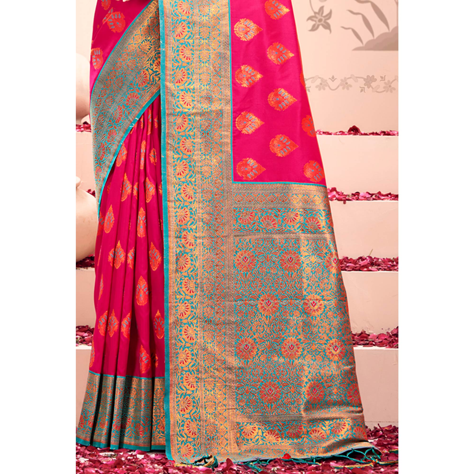 Pink Floral Woven Kanjivaram Silk Saree With Tassels