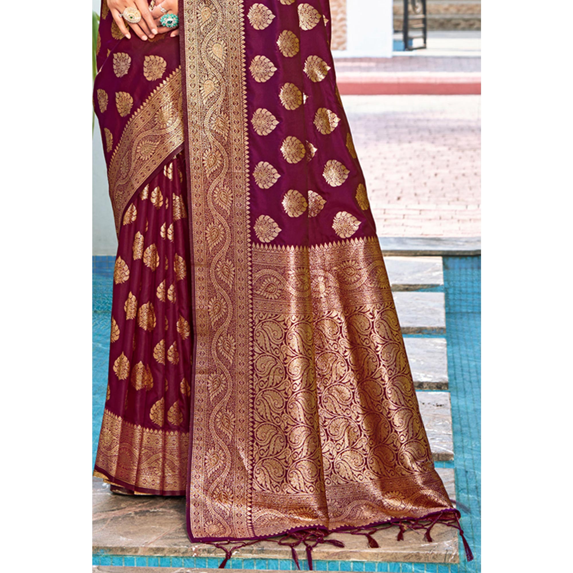 Purple Floral Woven Banarasi Silk Saree