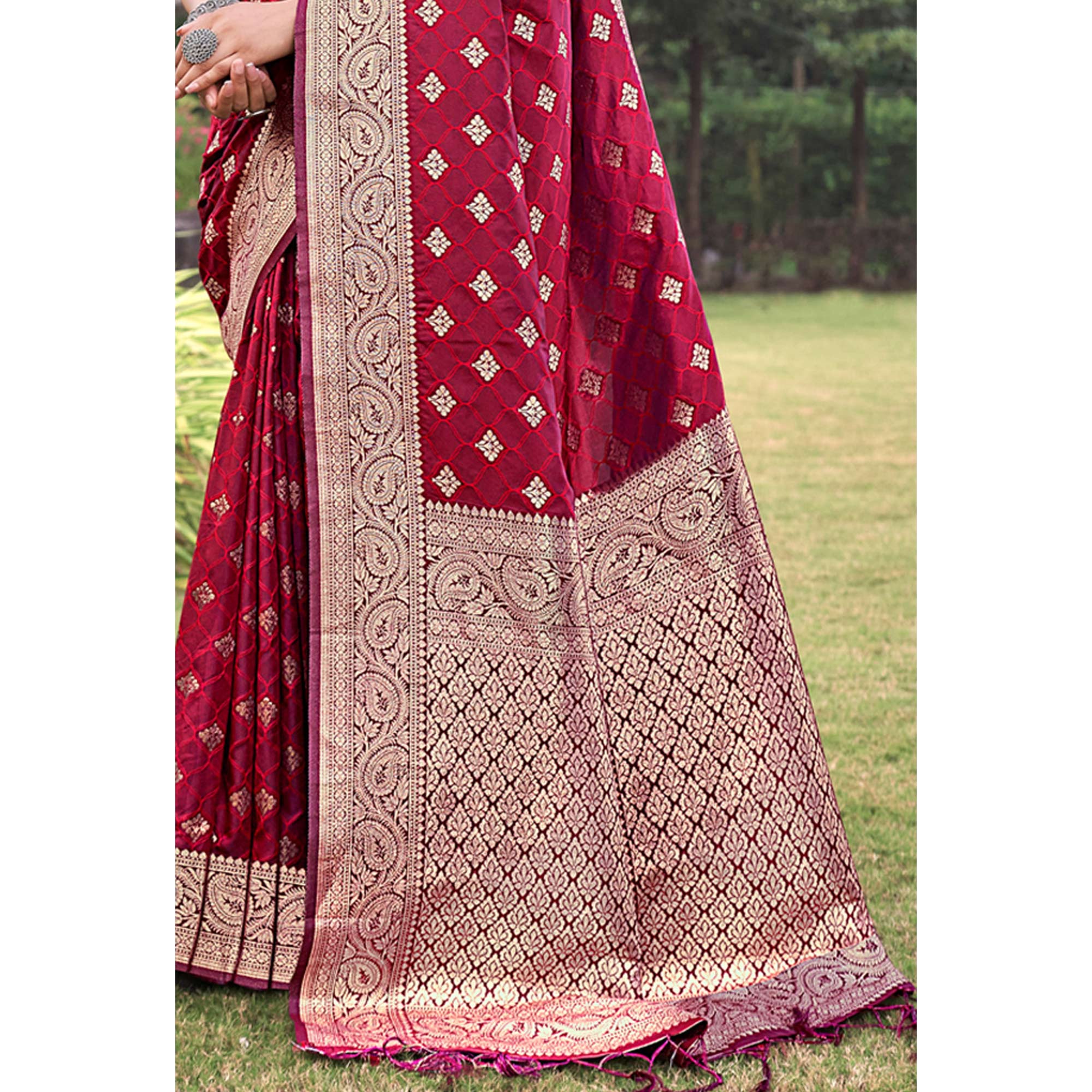 Maroon Floral Woven Kanjivaram Silk Saree With Tassels