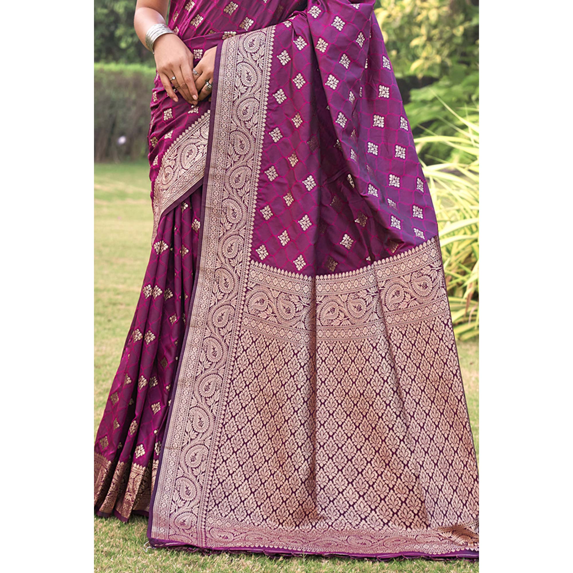 Purple Floral Woven Kanjivaram Silk Saree With Tassels