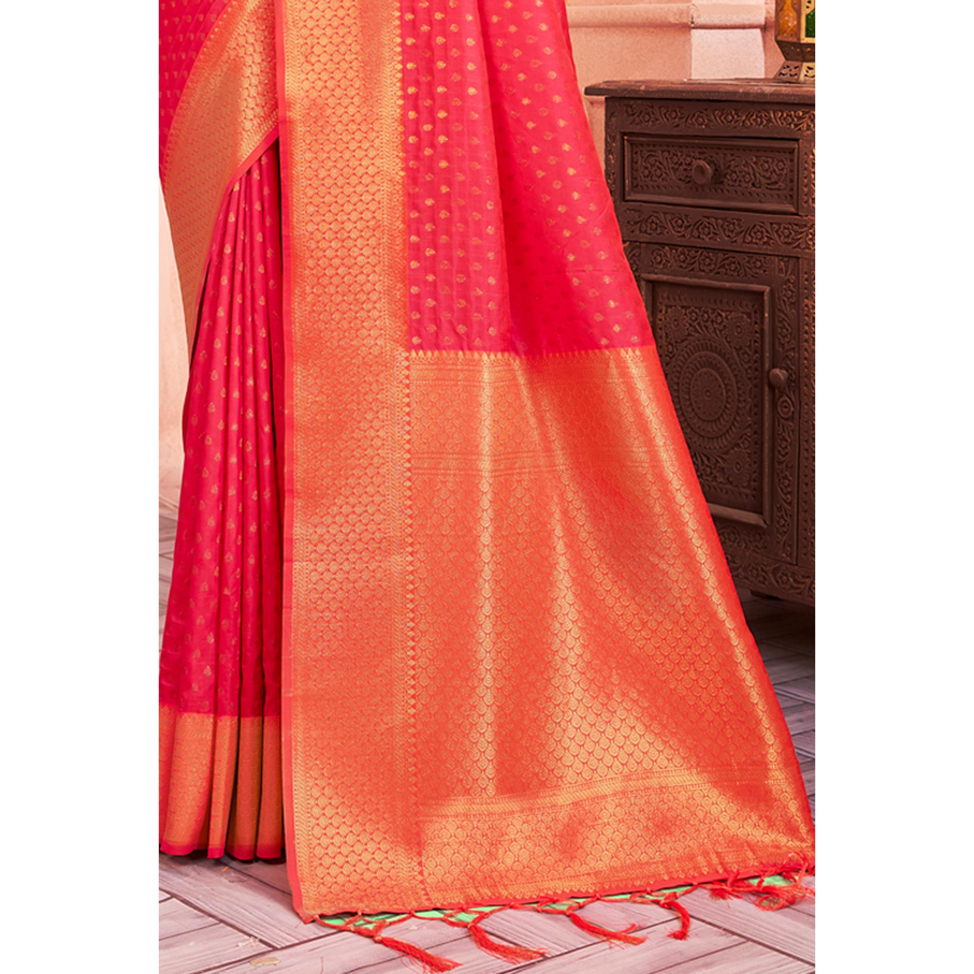 Pink Woven Banarasi Silk Saree With Tassels