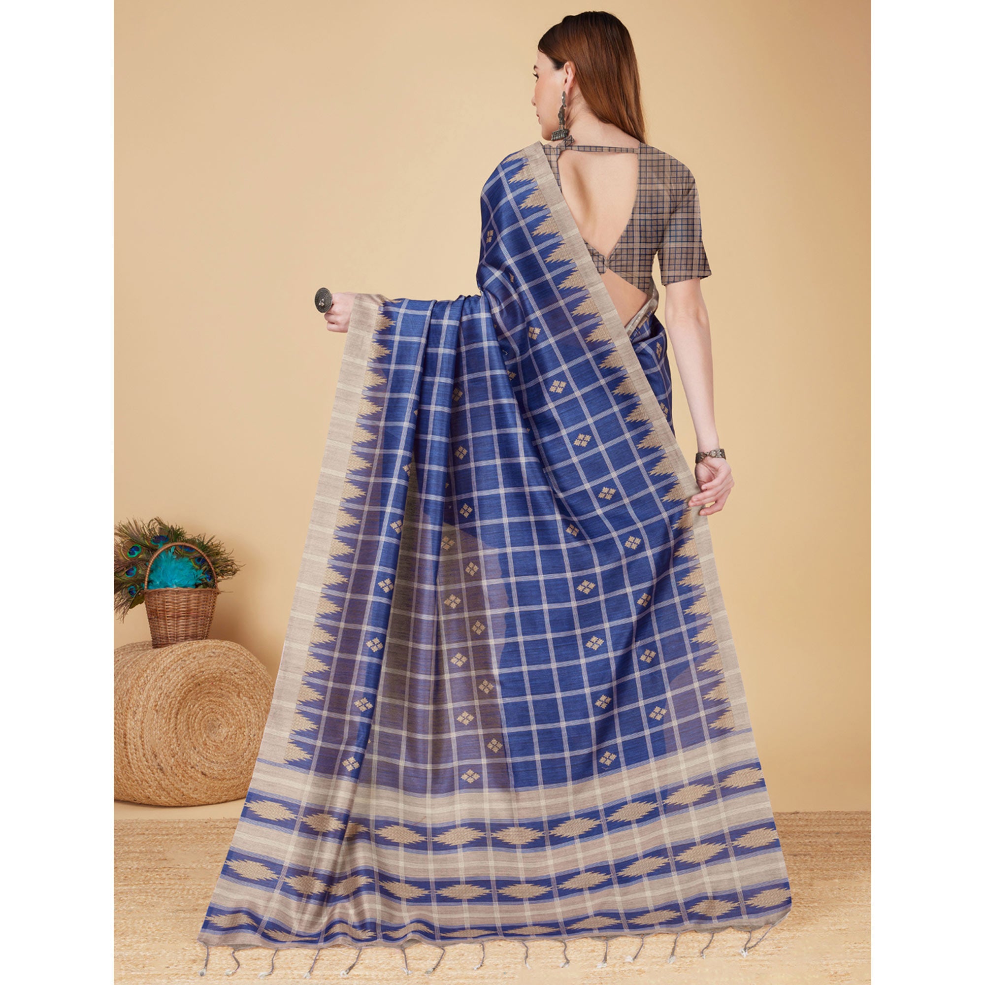 Blue Digital Printed Cotton Silk Saree With Tassels