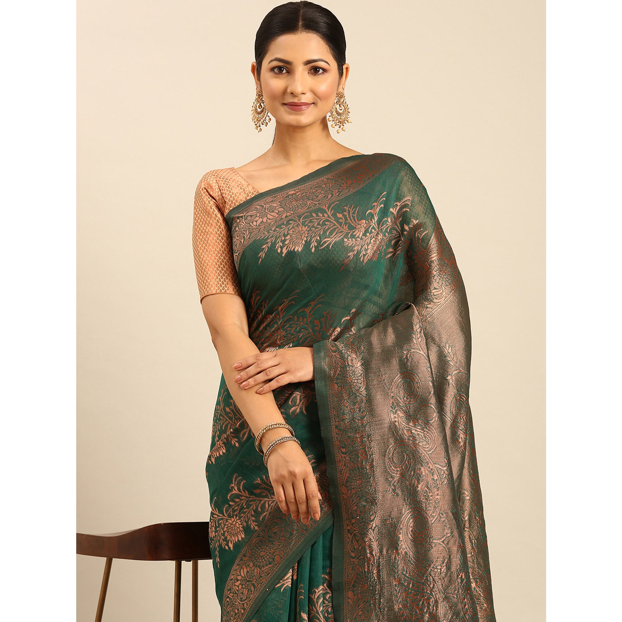 Rama Green Floral Woven Cotton Silk Saree
