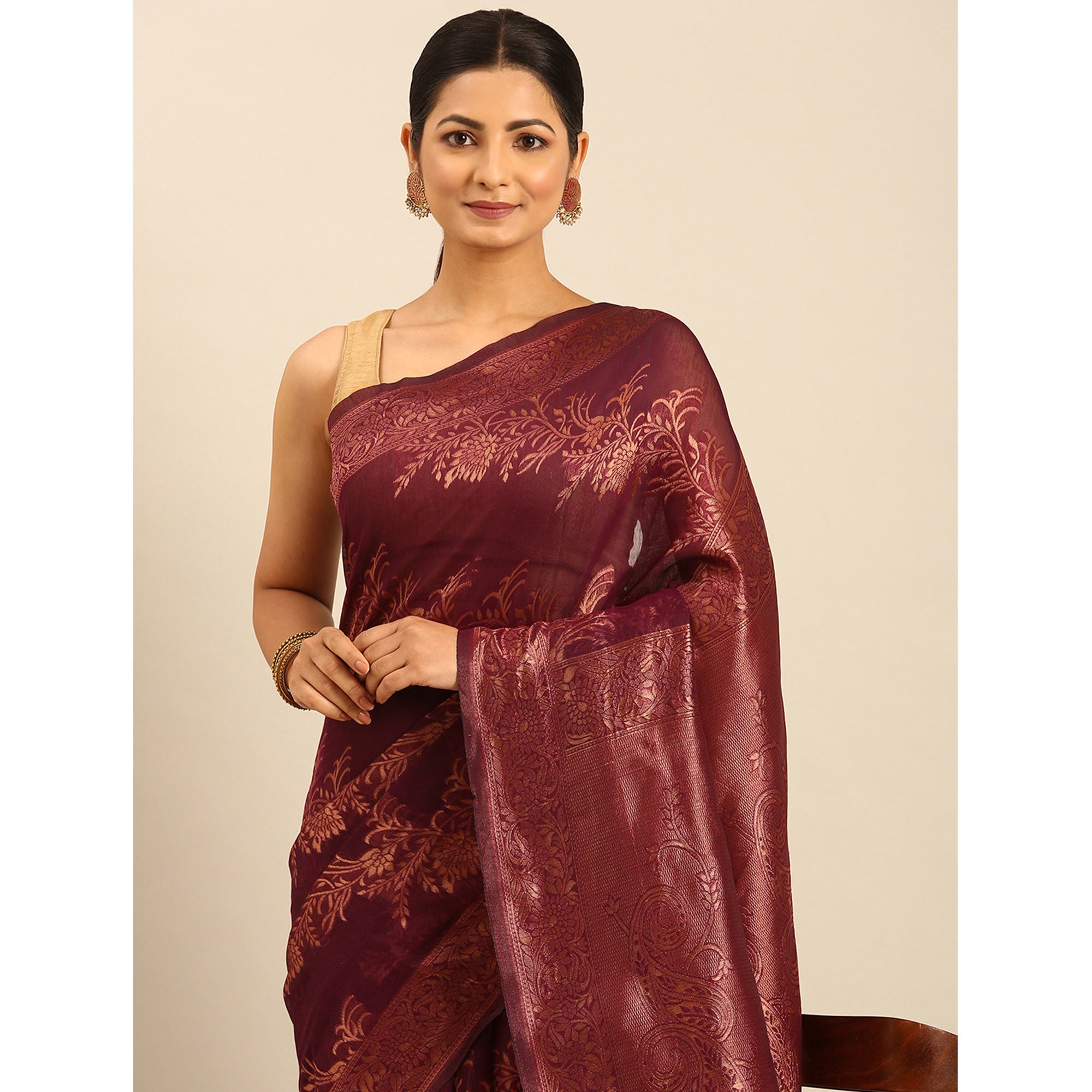 Wine Floral Woven Cotton Silk Saree