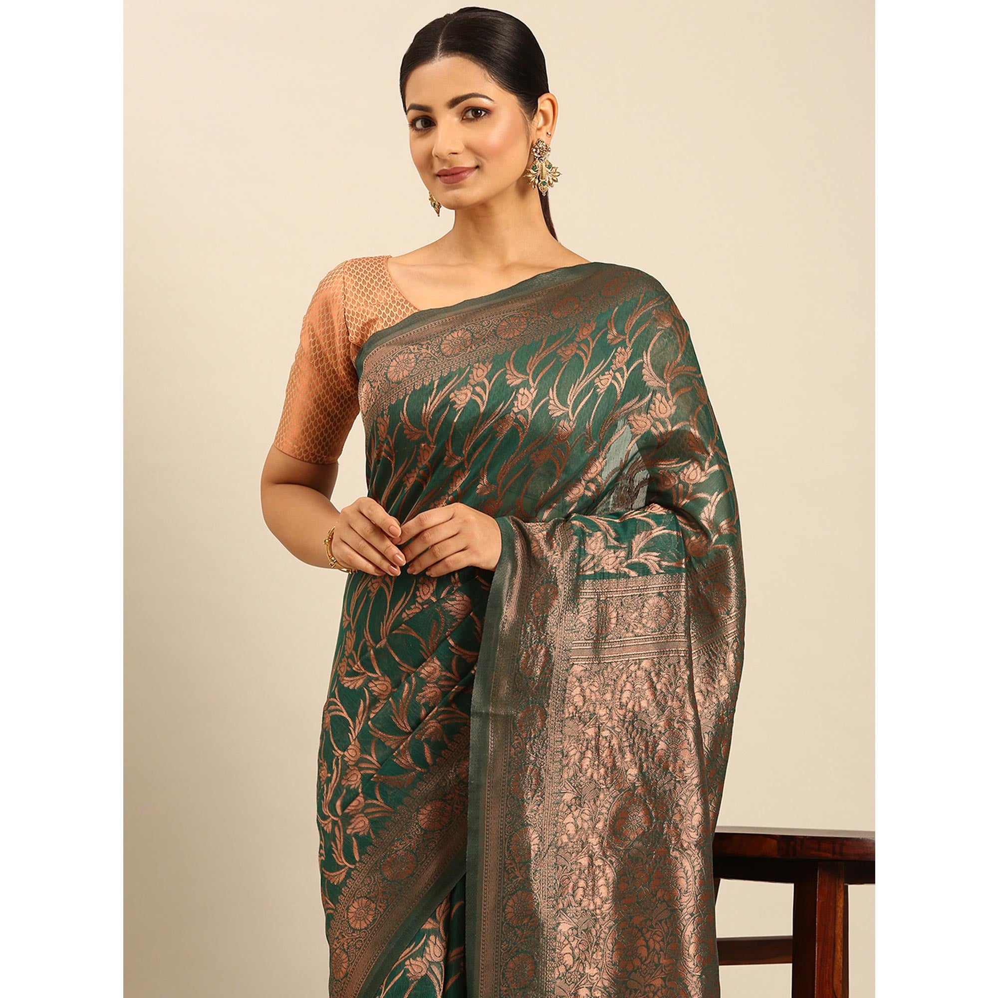 Rama Green Floral Woven Cotton Silk Saree