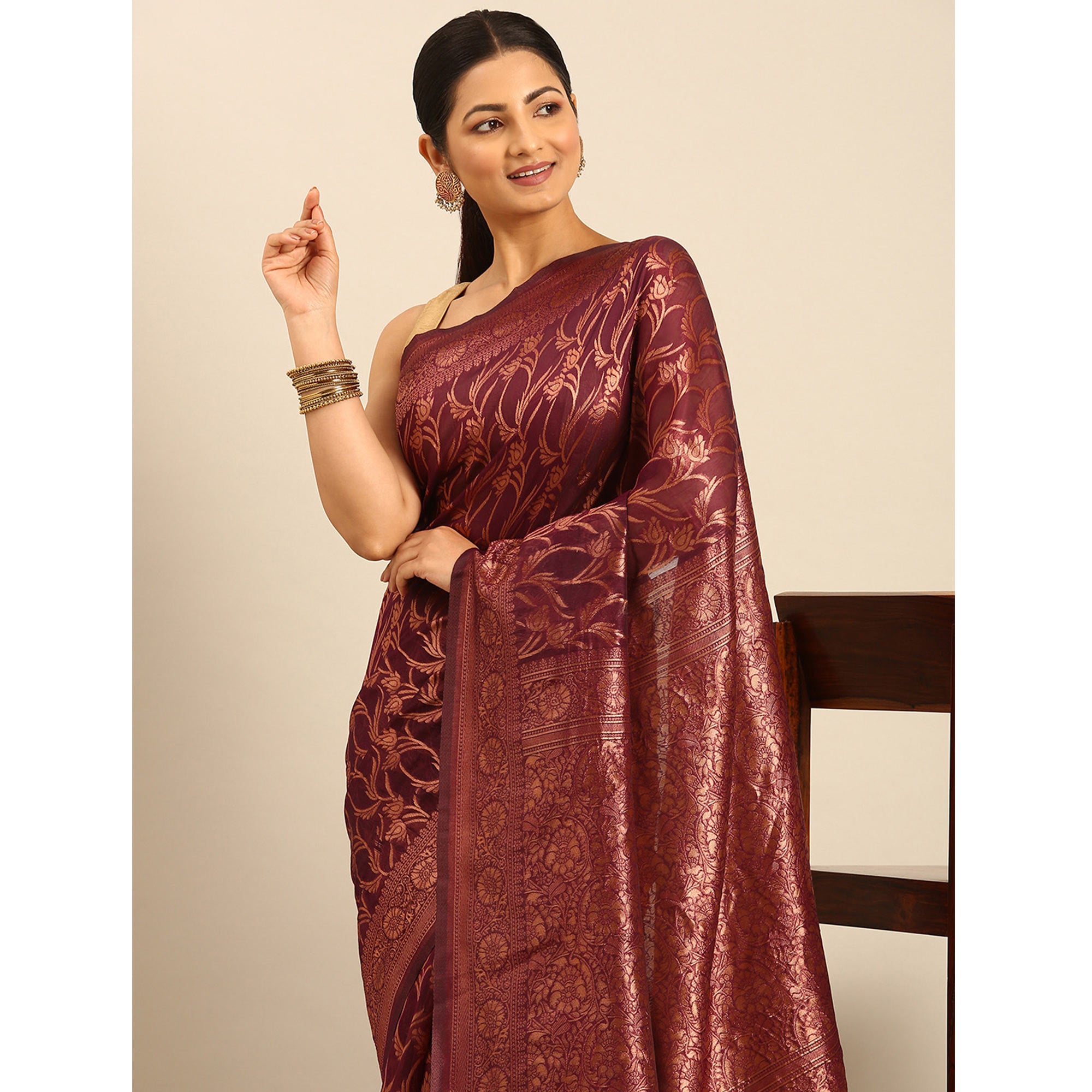 Wine Floral Woven Cotton Silk Saree