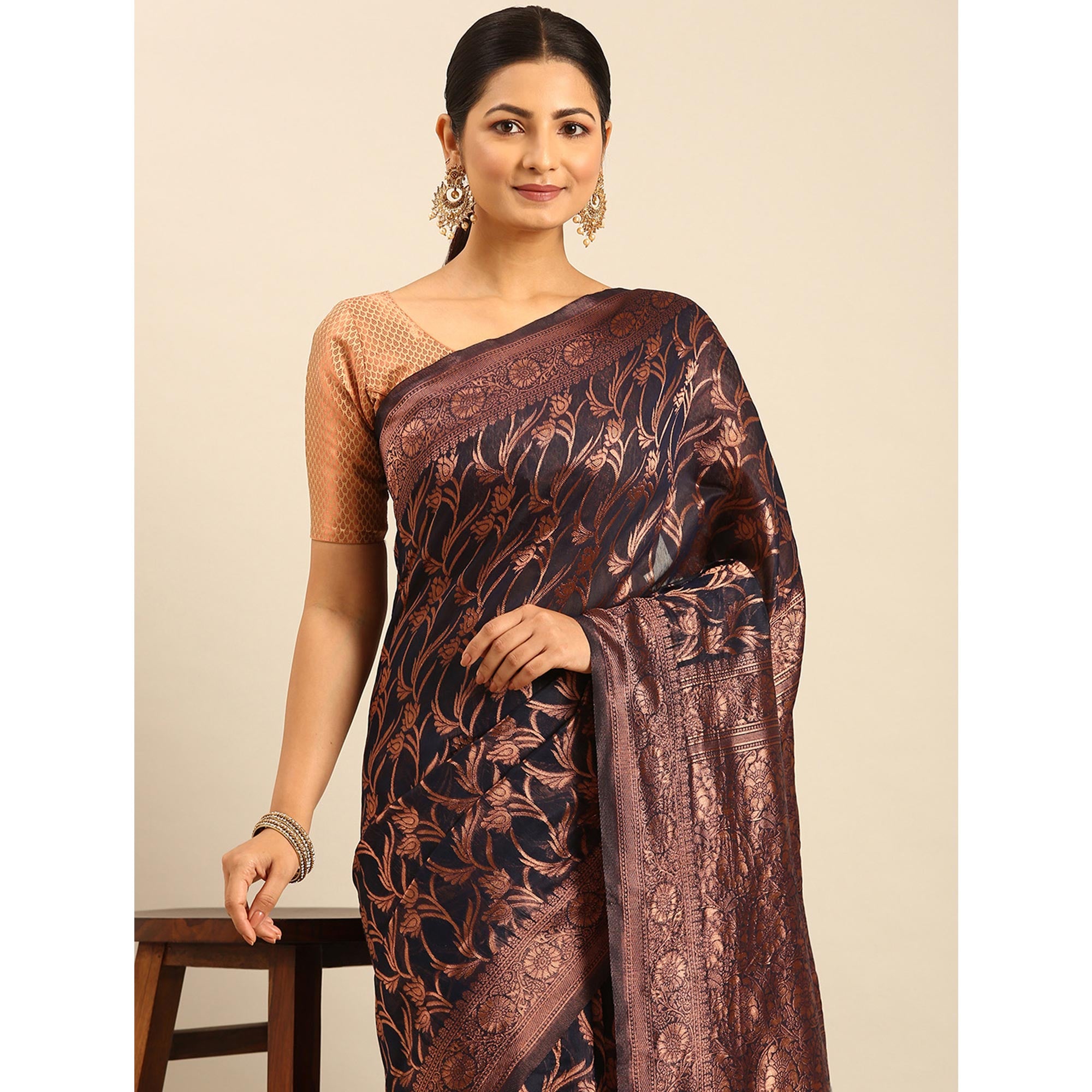 Navy Blue Floral Woven Cotton Silk Saree