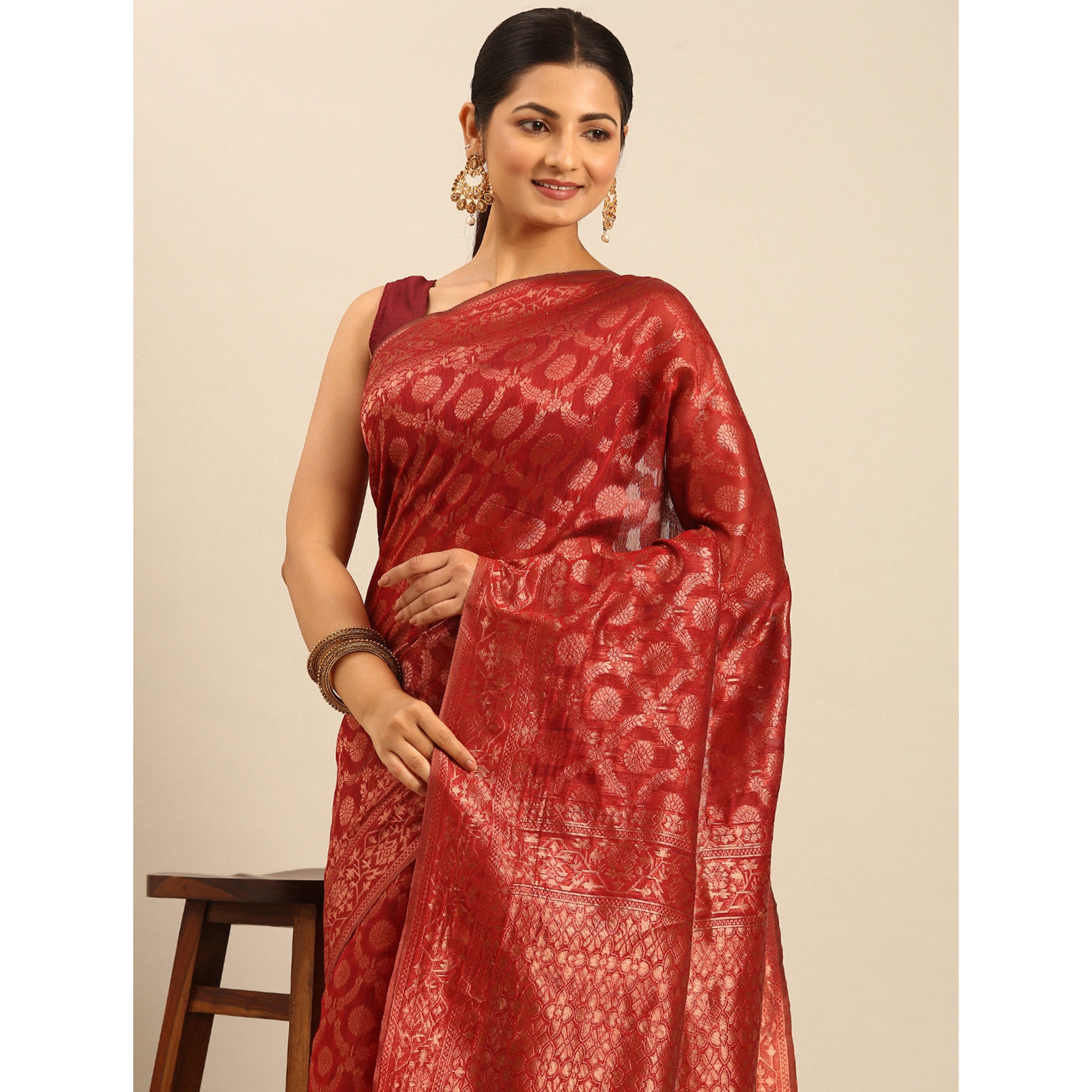 Red Floral Woven Cotton Silk Saree