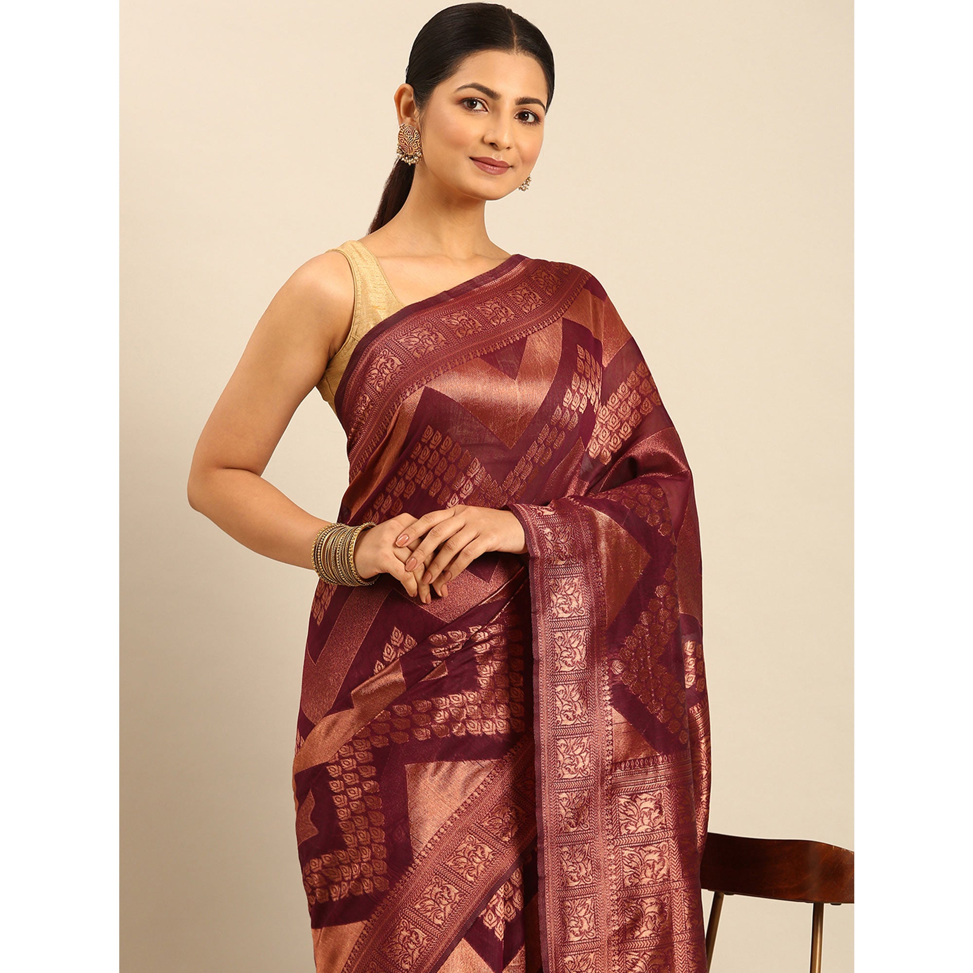 Wine Floral Woven Cotton Silk Saree