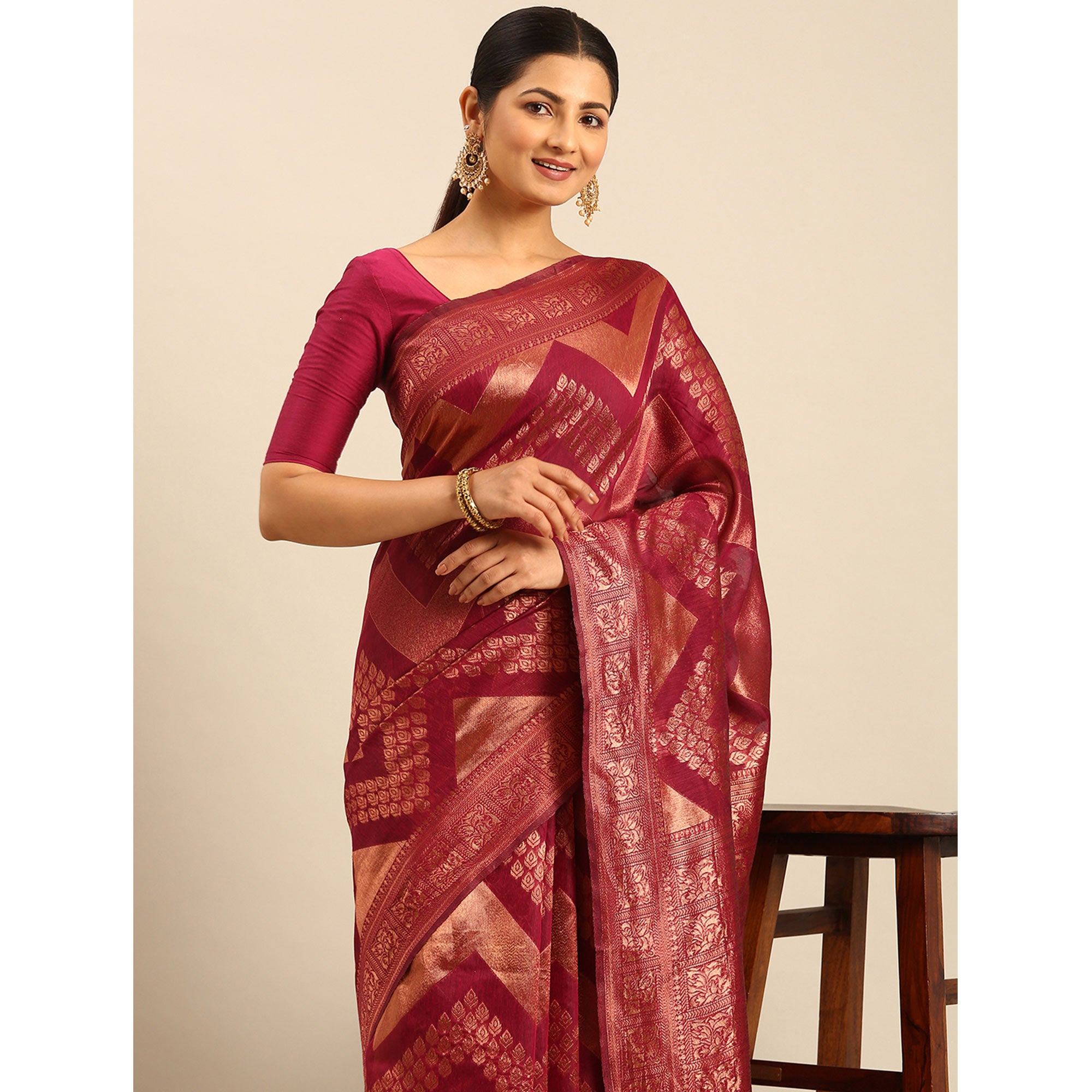 Magenta Floral Woven Cotton Silk Saree
