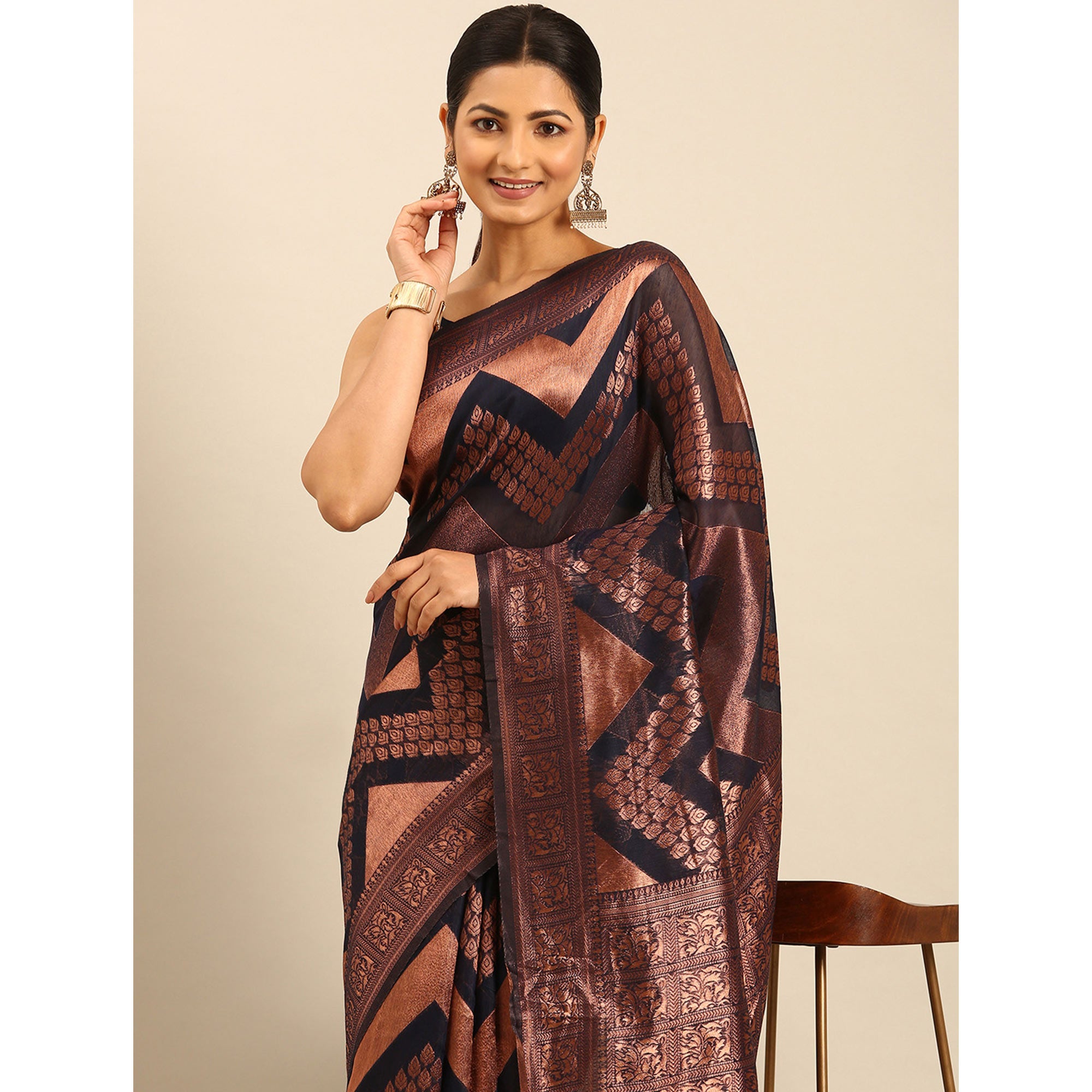 Navy Blue Floral Woven Cotton Silk Saree