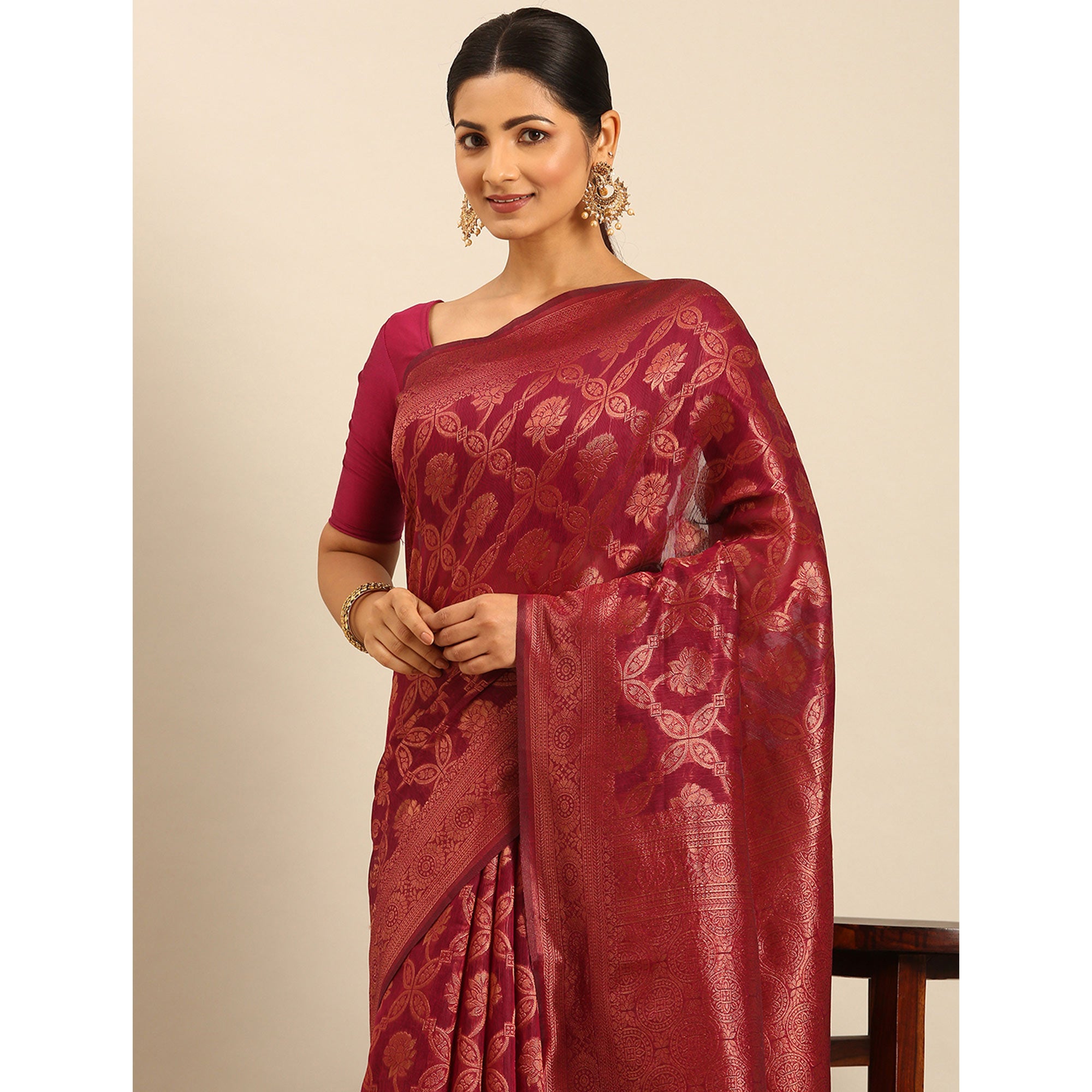 Magenta Floral Woven Cotton Silk Saree