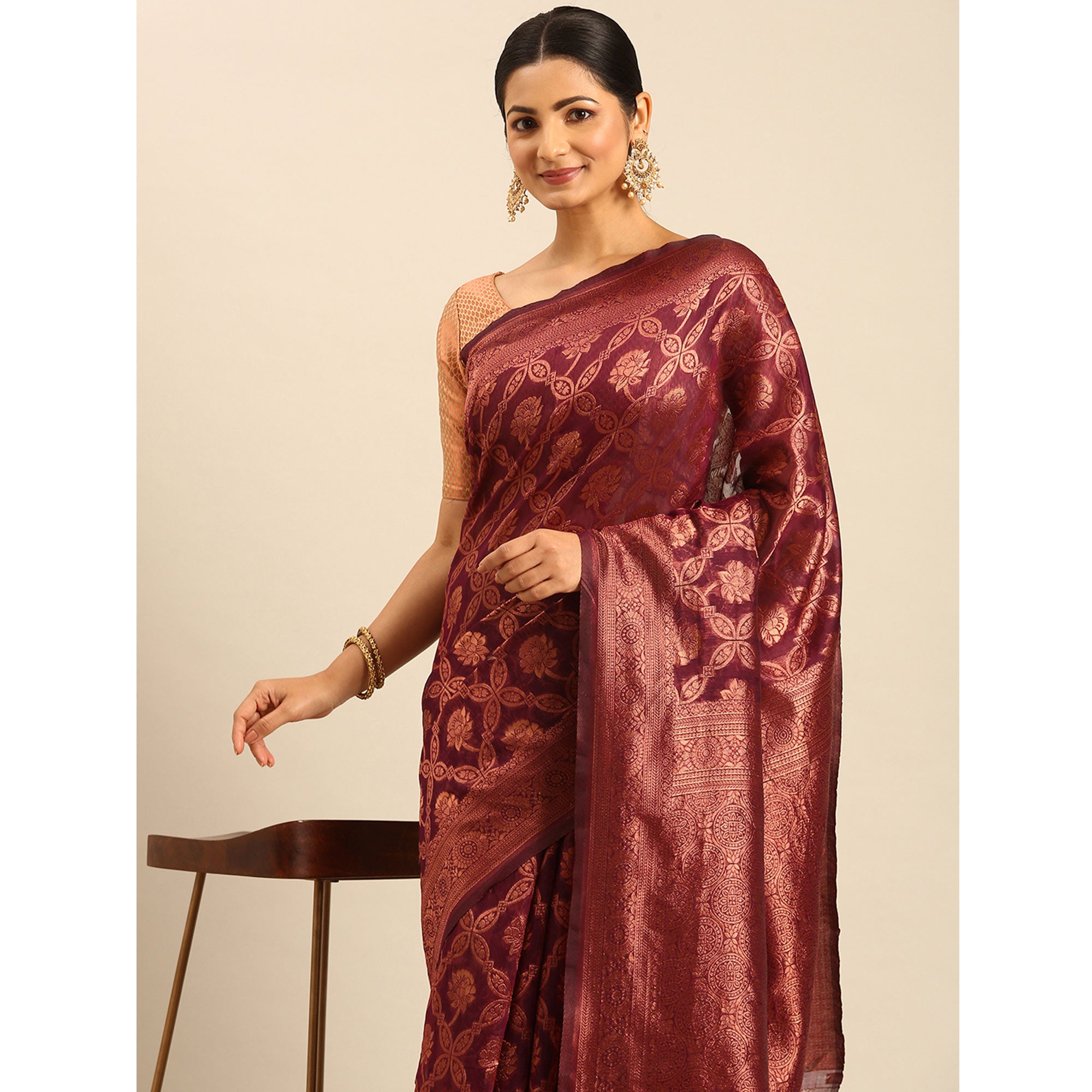 Wine Floral Woven Cotton Silk Saree