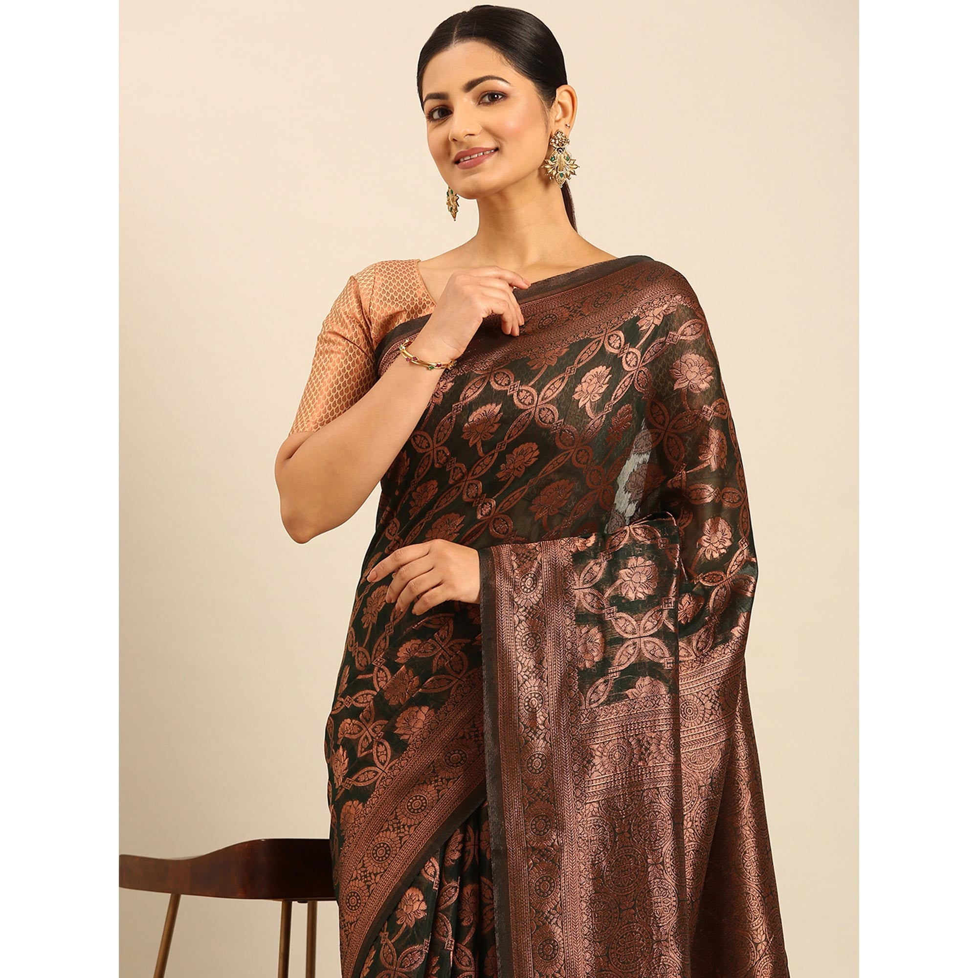 Green Floral Woven Cotton Silk Saree