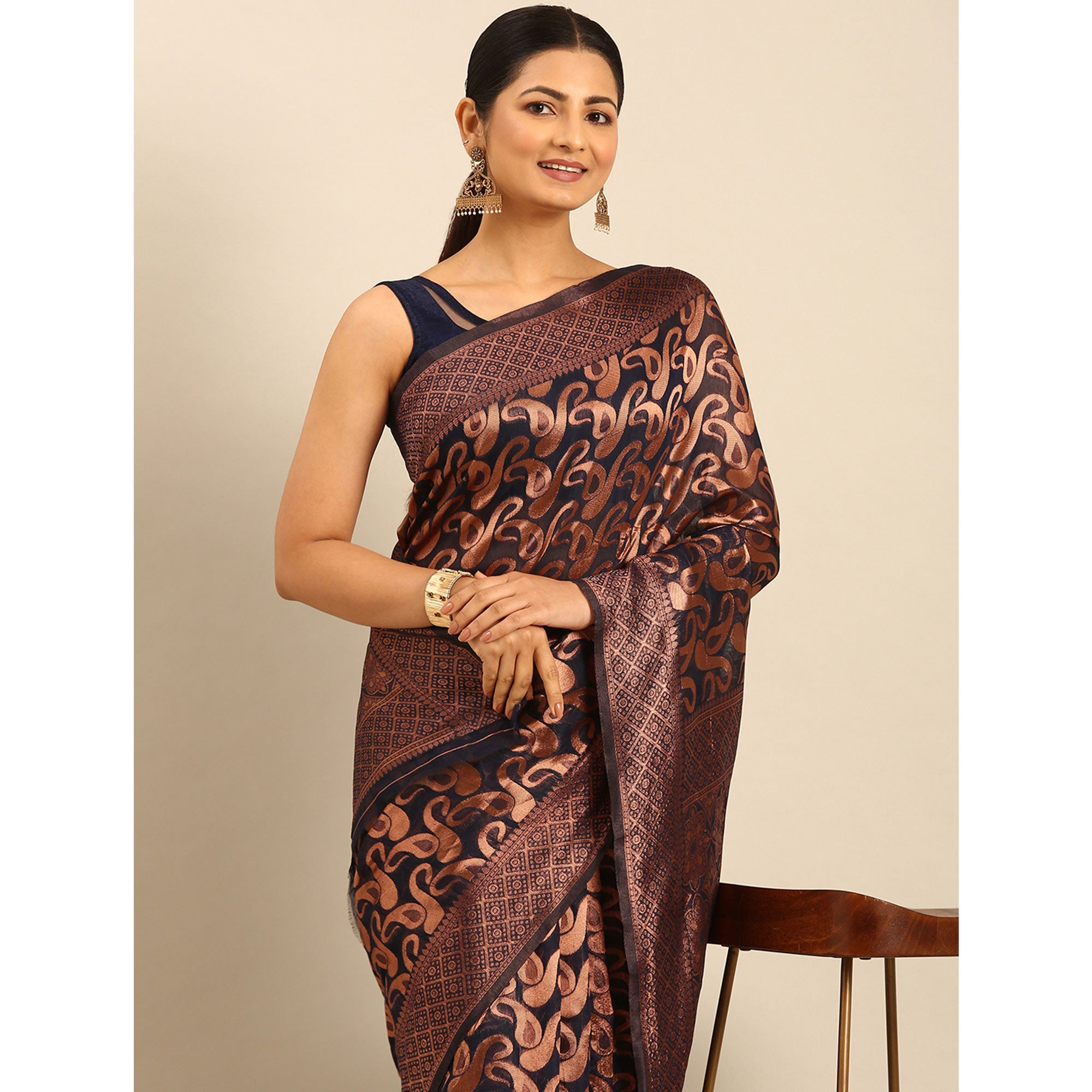 Dark Navy Blue Floral Woven Cotton Silk Saree