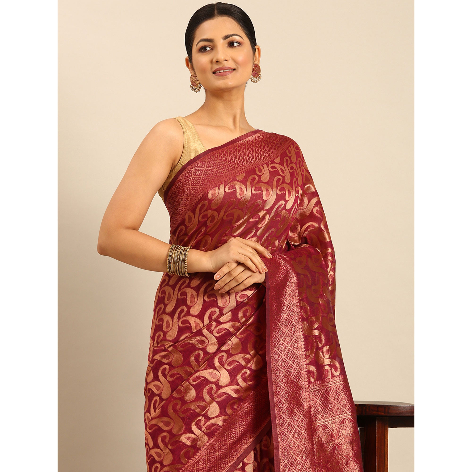 Magenta Floral Woven Cotton Silk Saree