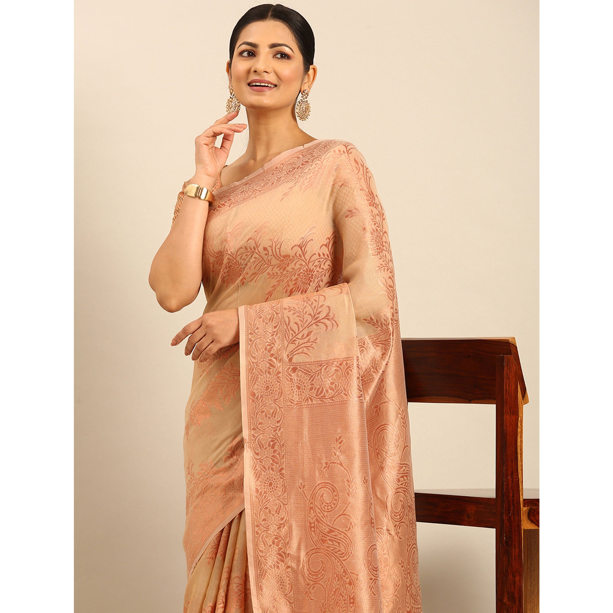 Beige Floral Woven Cotton Silk Saree