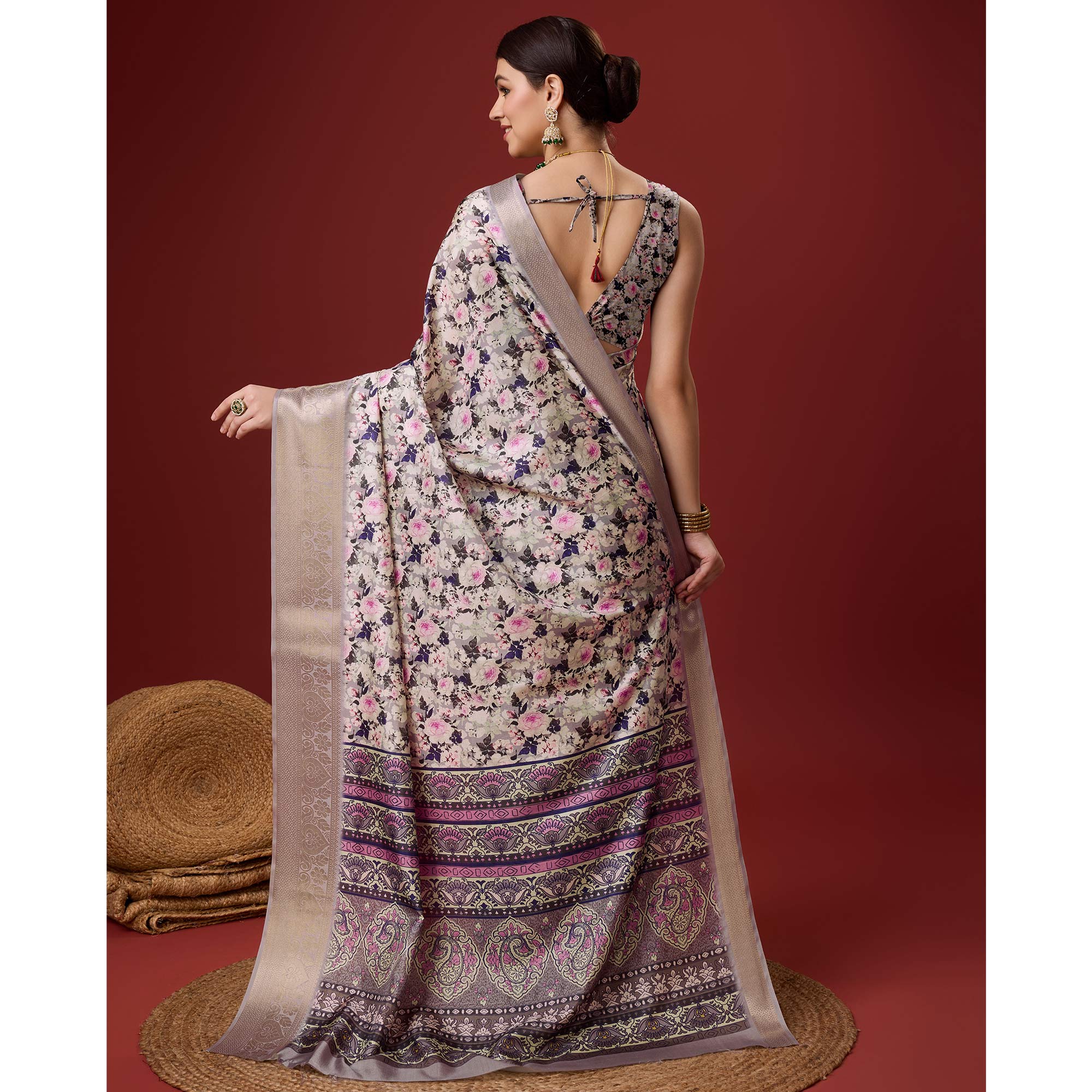 Grey Digital Printed Cotton Silk Saree With Border