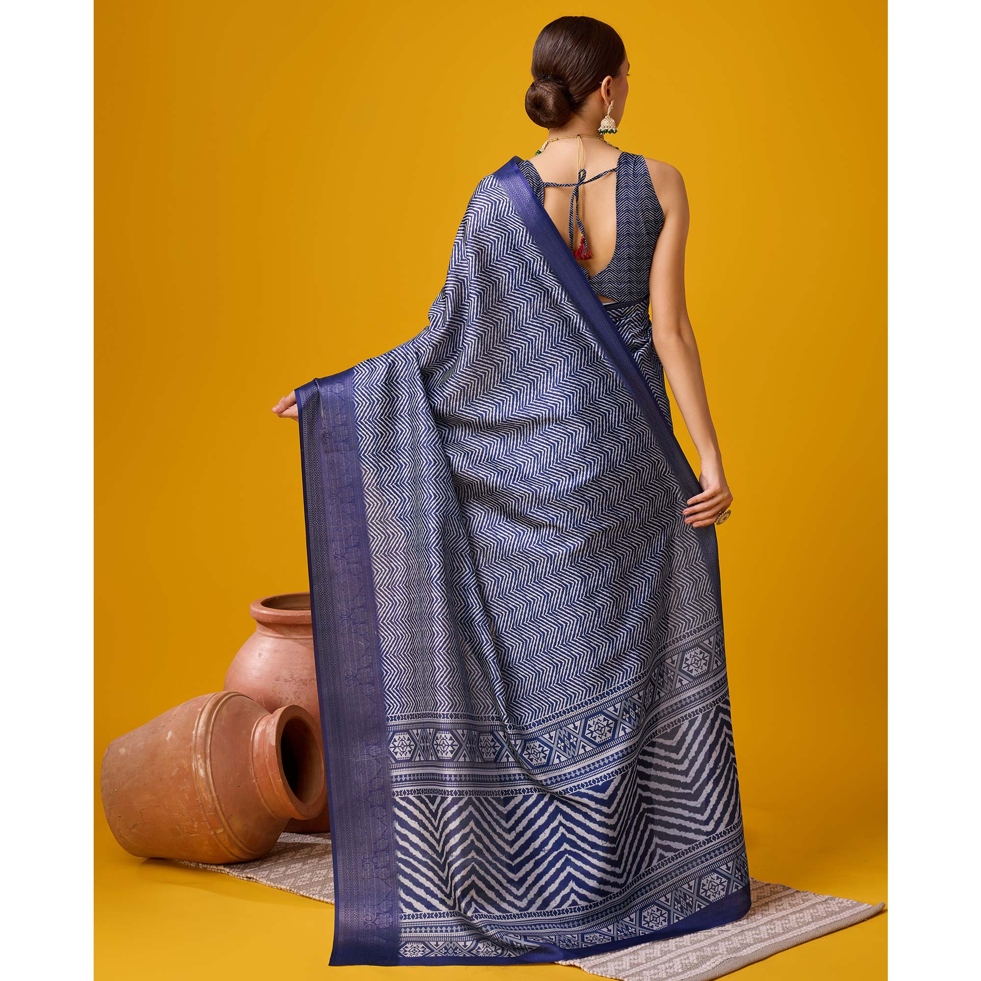 Blue Digital Printed Cotton Silk Saree With Border