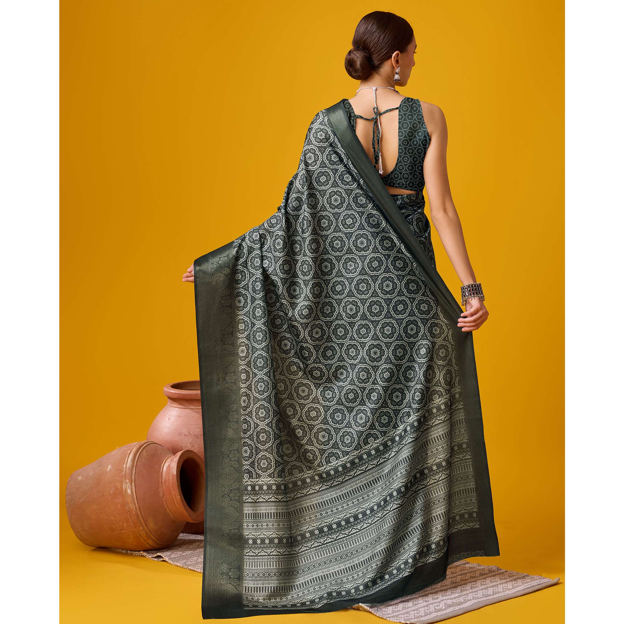 Black Digital Printed Cotton Silk Saree With Border