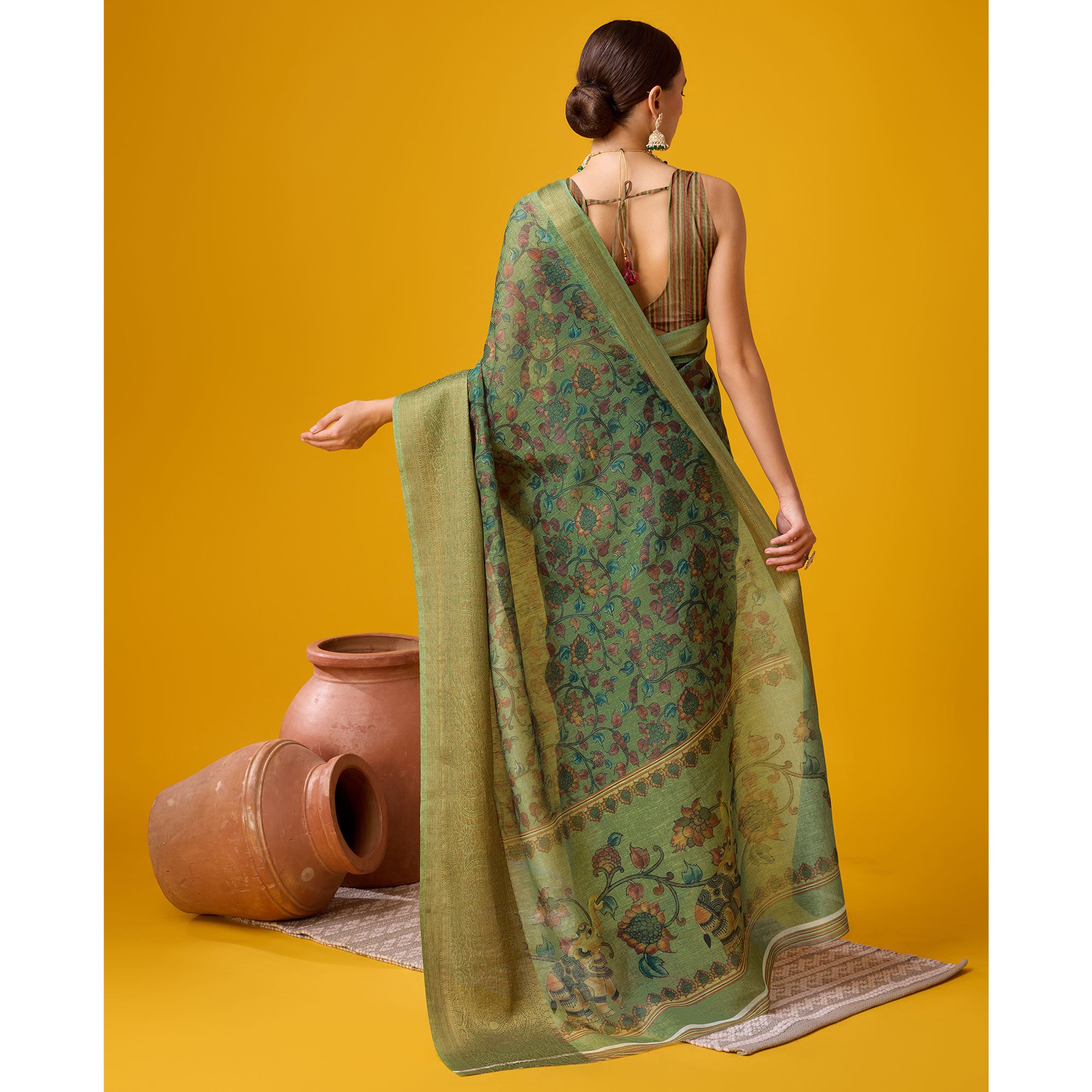 Green Digital Printed Cotton Silk Saree With Border