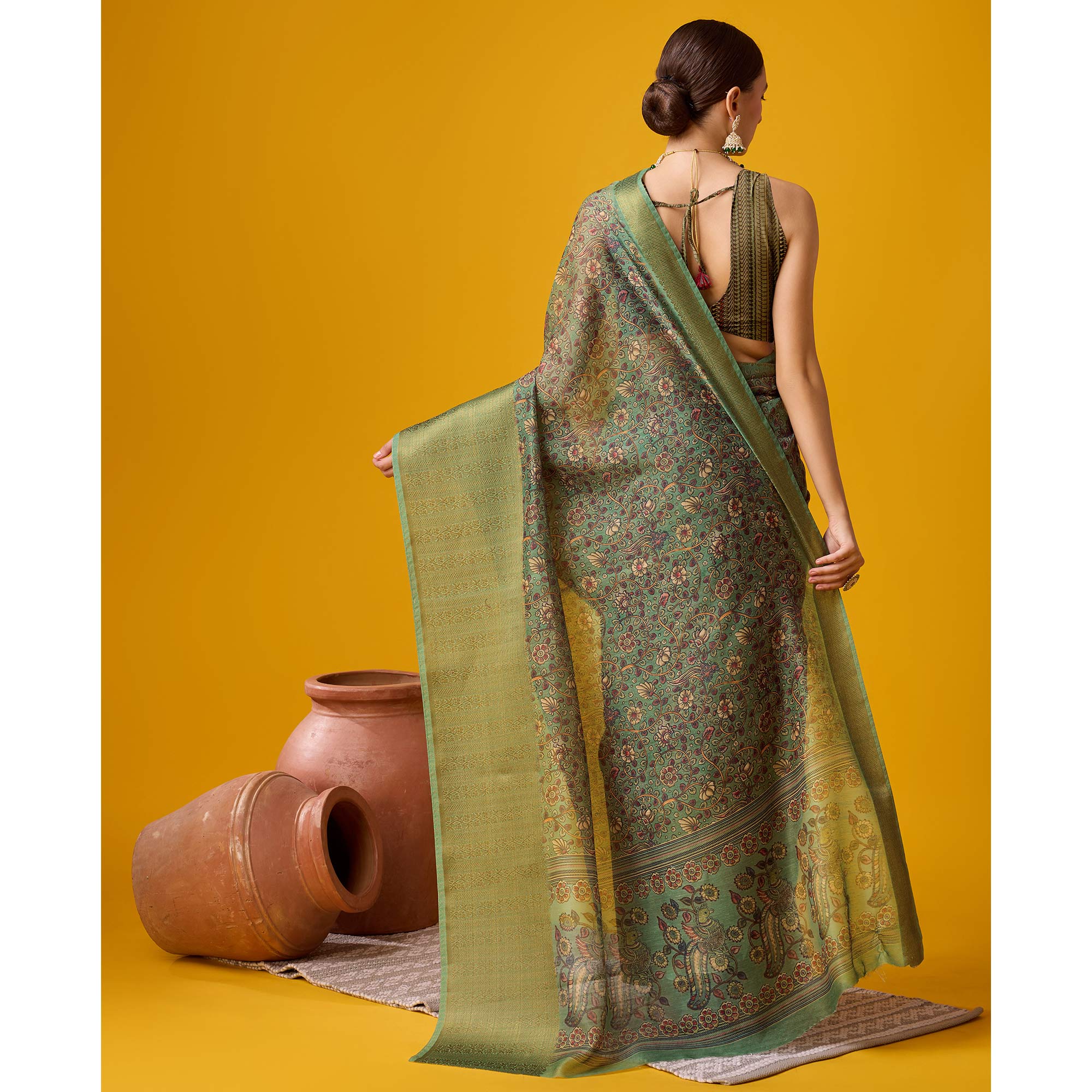 Dusty Green Digital Printed Cotton Silk Saree With Border