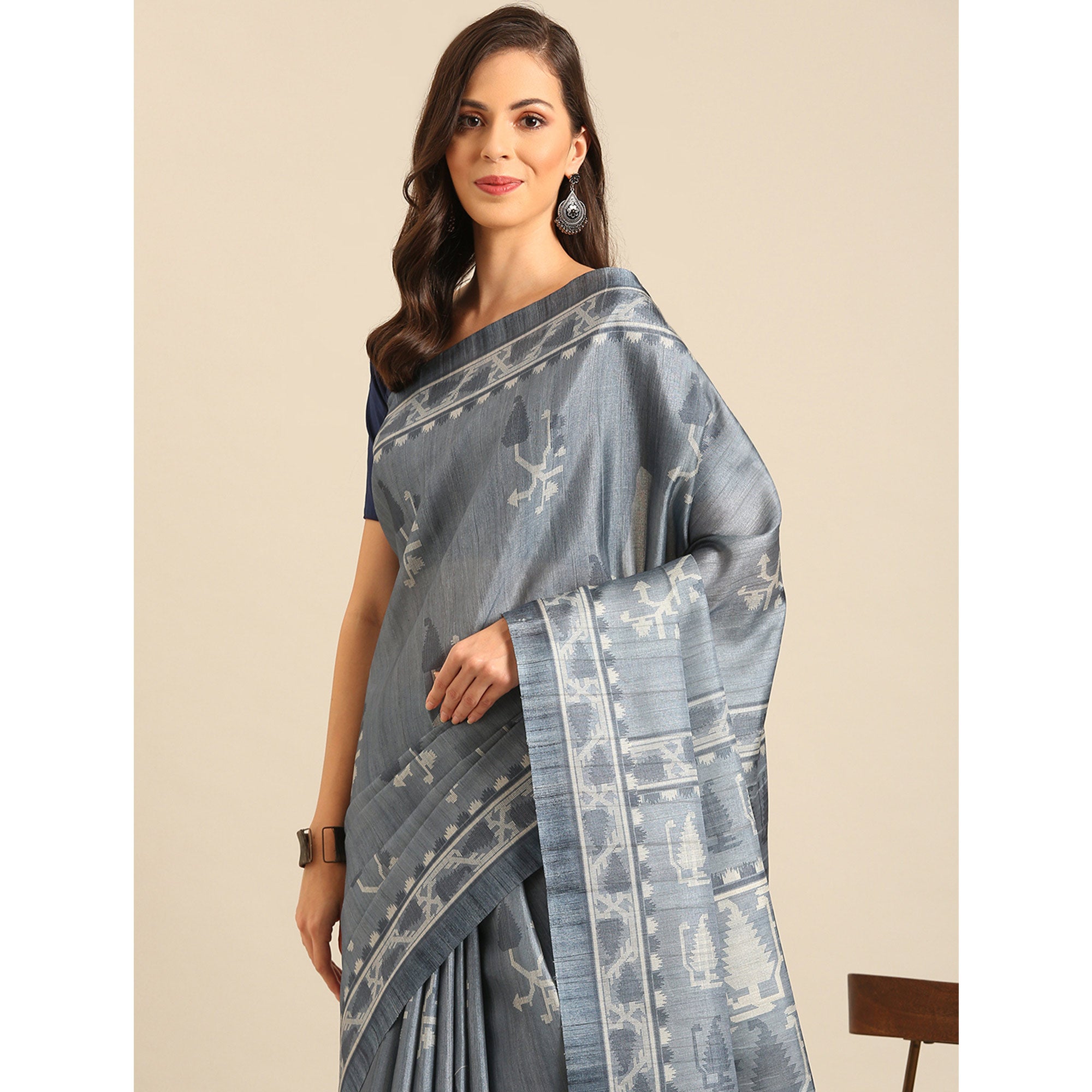 Grey Digital Print Cotton Blend Saree