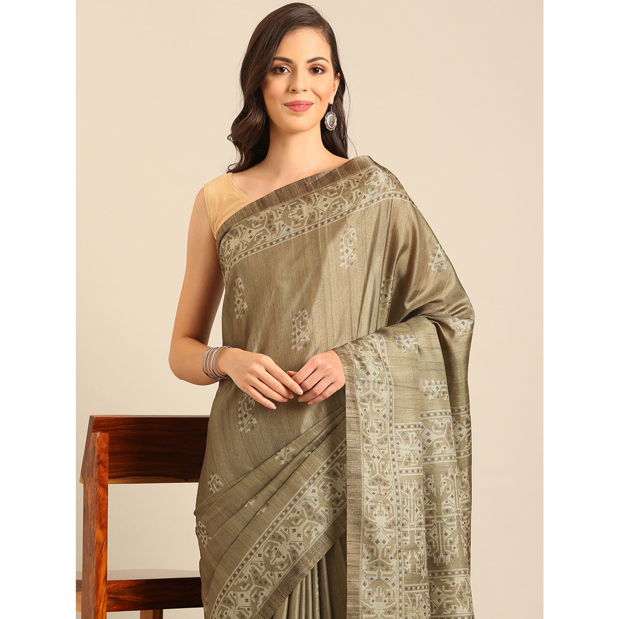 Taupe Digital Printed Cotton Blend Saree