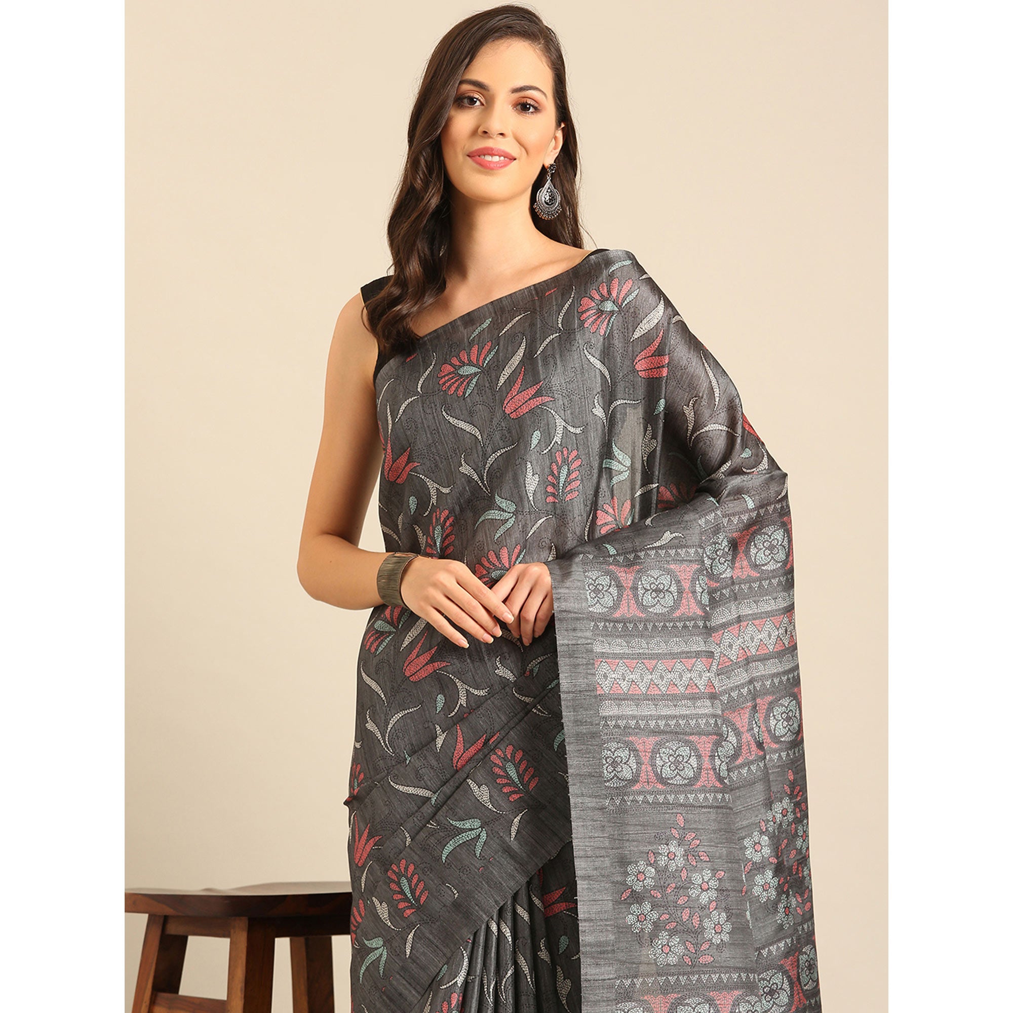 Grey Floral Digital Printed Cotton Blend Saree