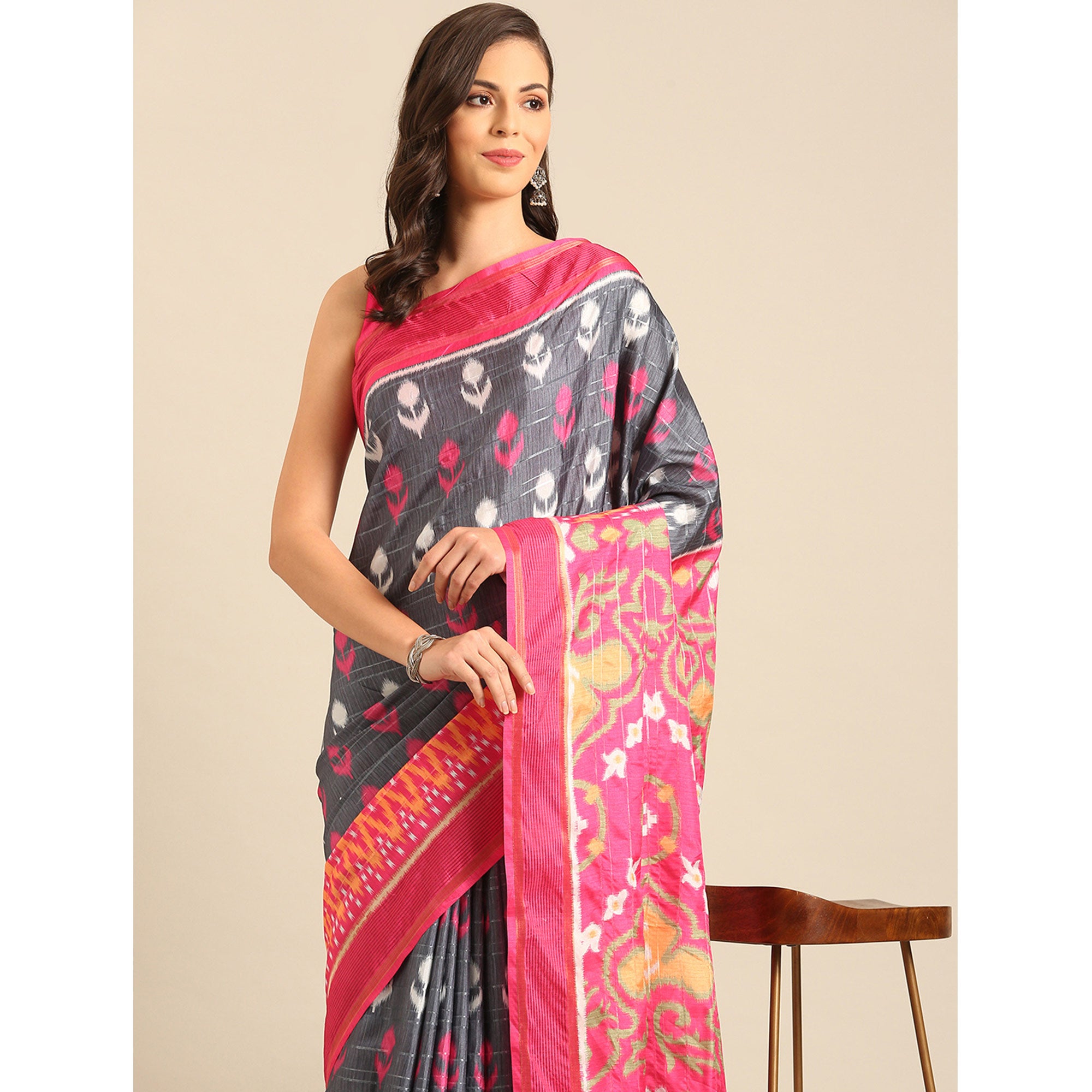 Grey Digital Patola Printed Cotton Blend Saree