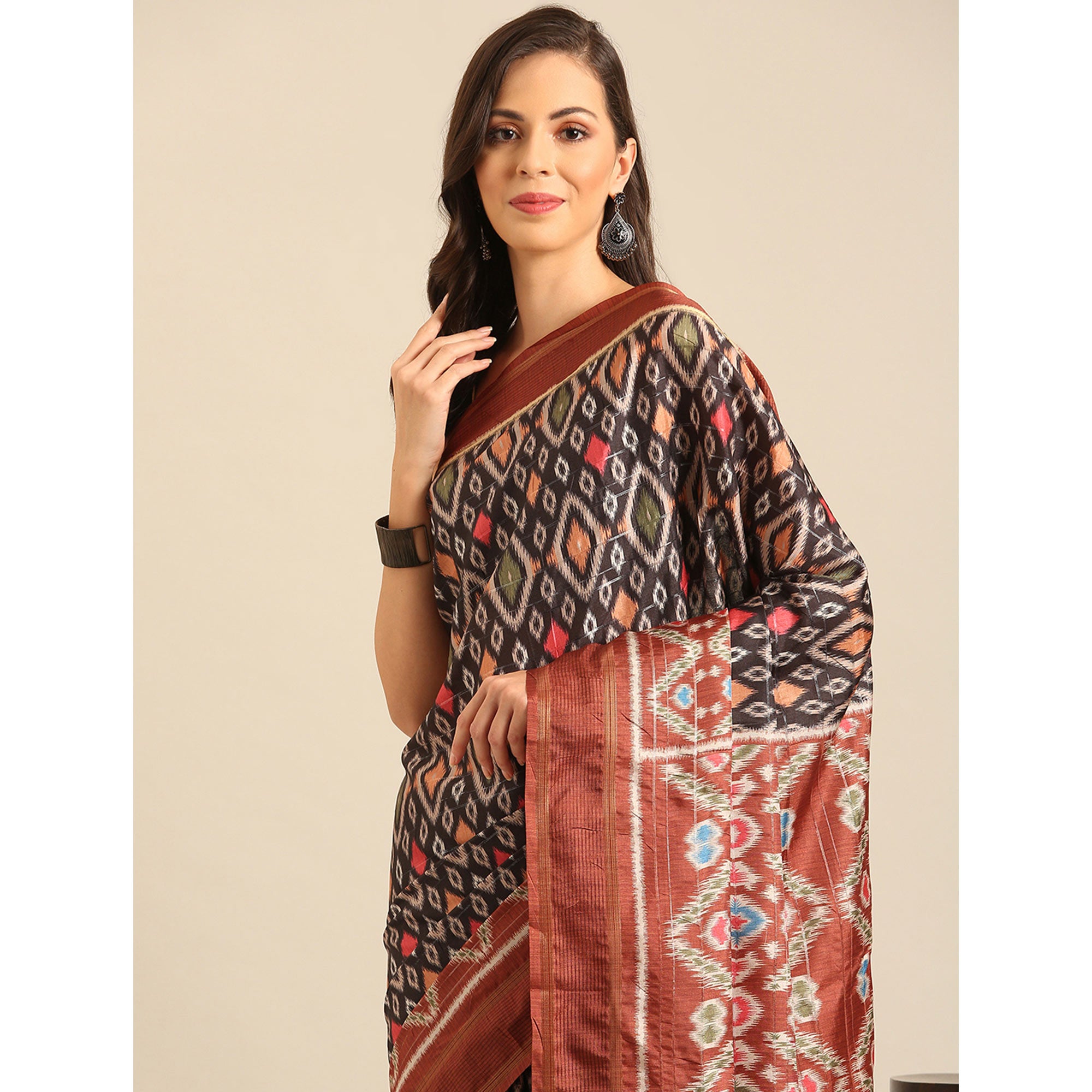 Black Digital Patola Printed Cotton Blend Saree