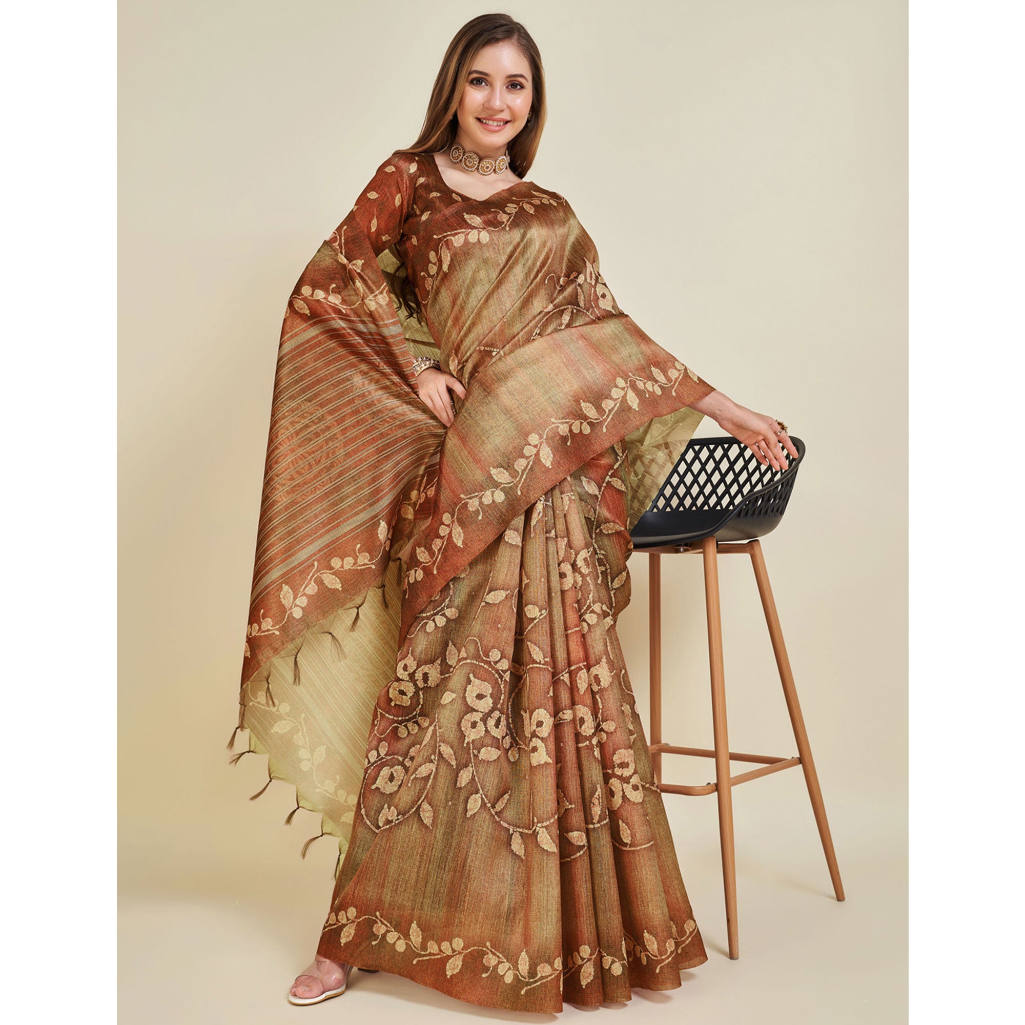 Brown Digital Printed Bhagalpuri Silk Saree With Tassels
