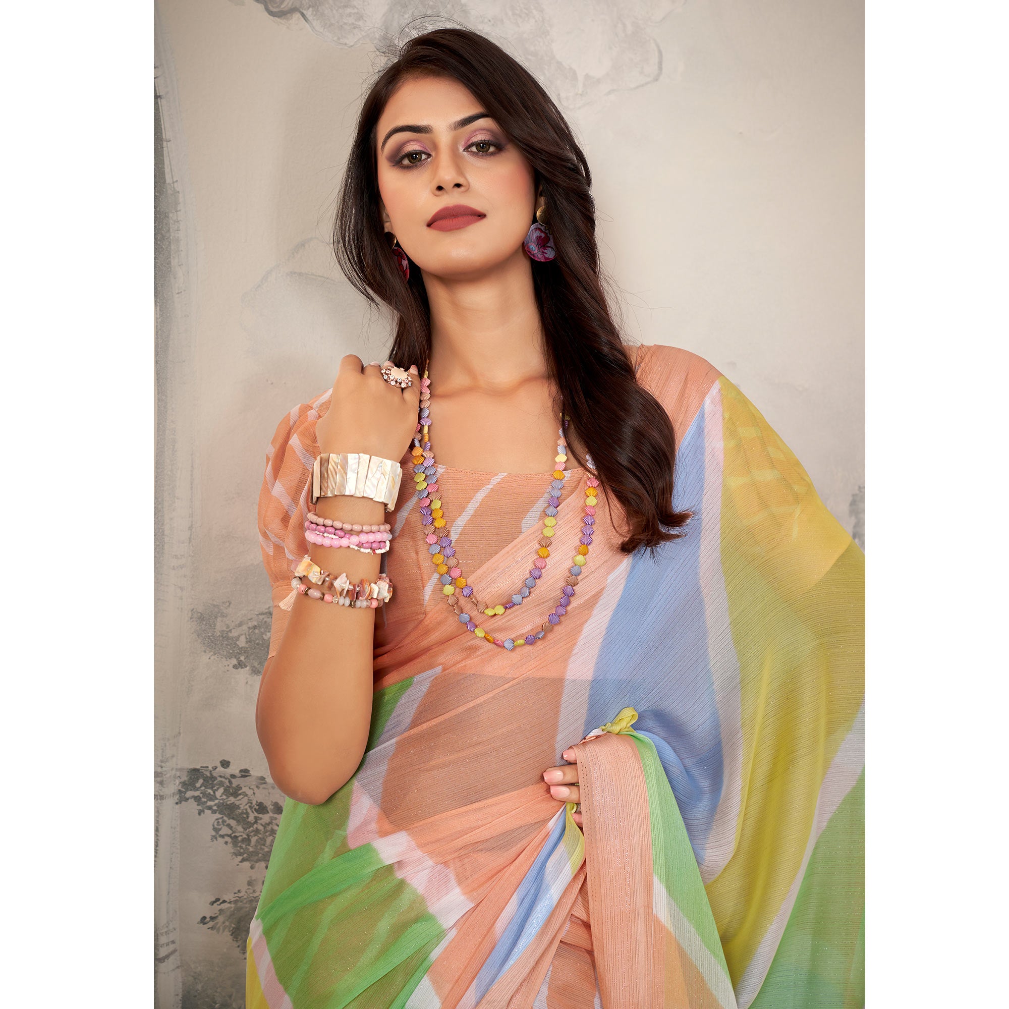 Orange Printed Chiffon Saree