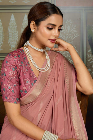 Pink Striped Pattern Bemberg Saree Adorned With Intricate Zari Weaving & Graceful Tassel Pallu