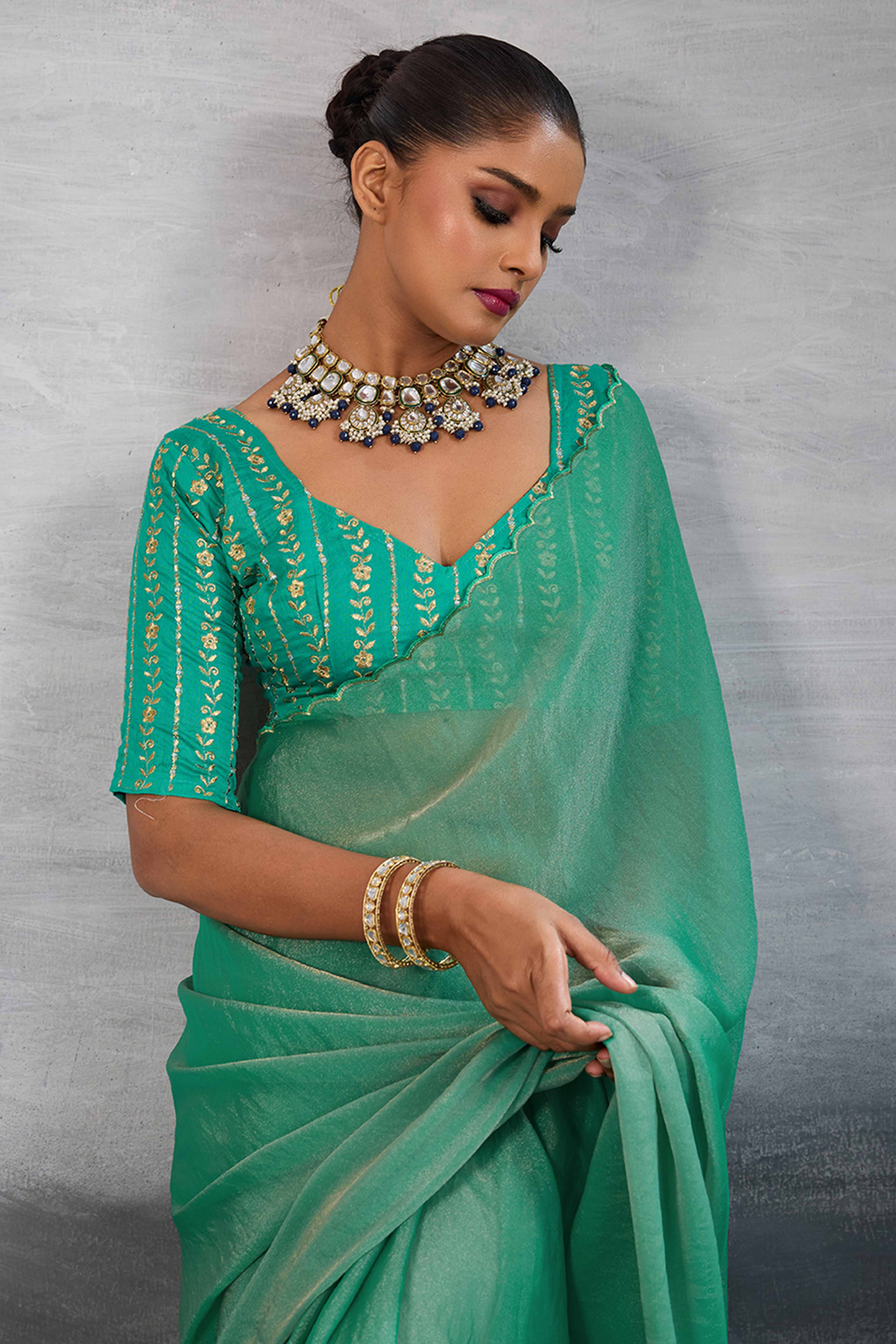 Green Solid Organza Jimmy Choo Saree Accentuated With Elegant Cutwork Border Detailing