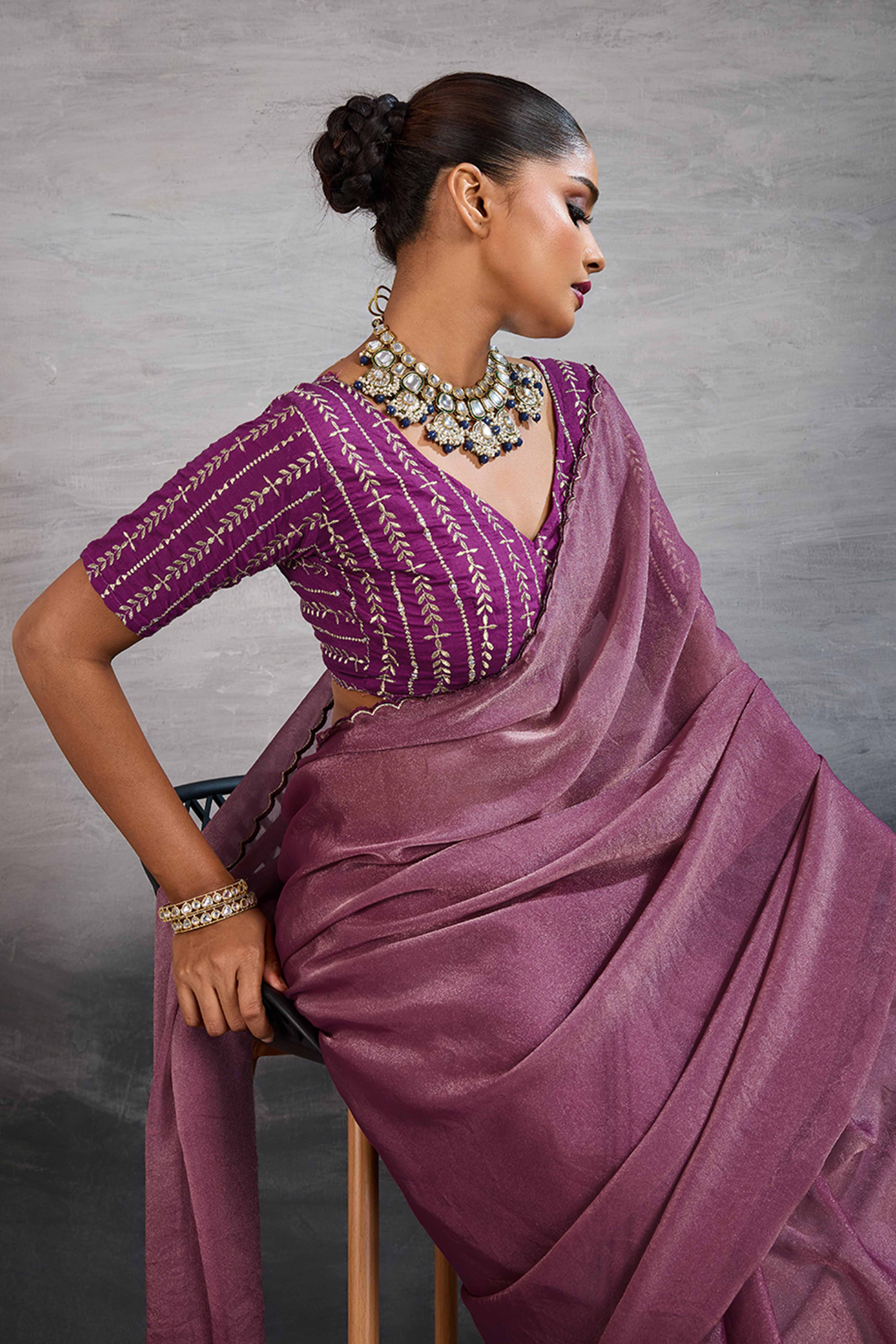 Wine Solid Organza Jimmy Choo Saree Accentuated With Elegant Cutwork Border Detailing