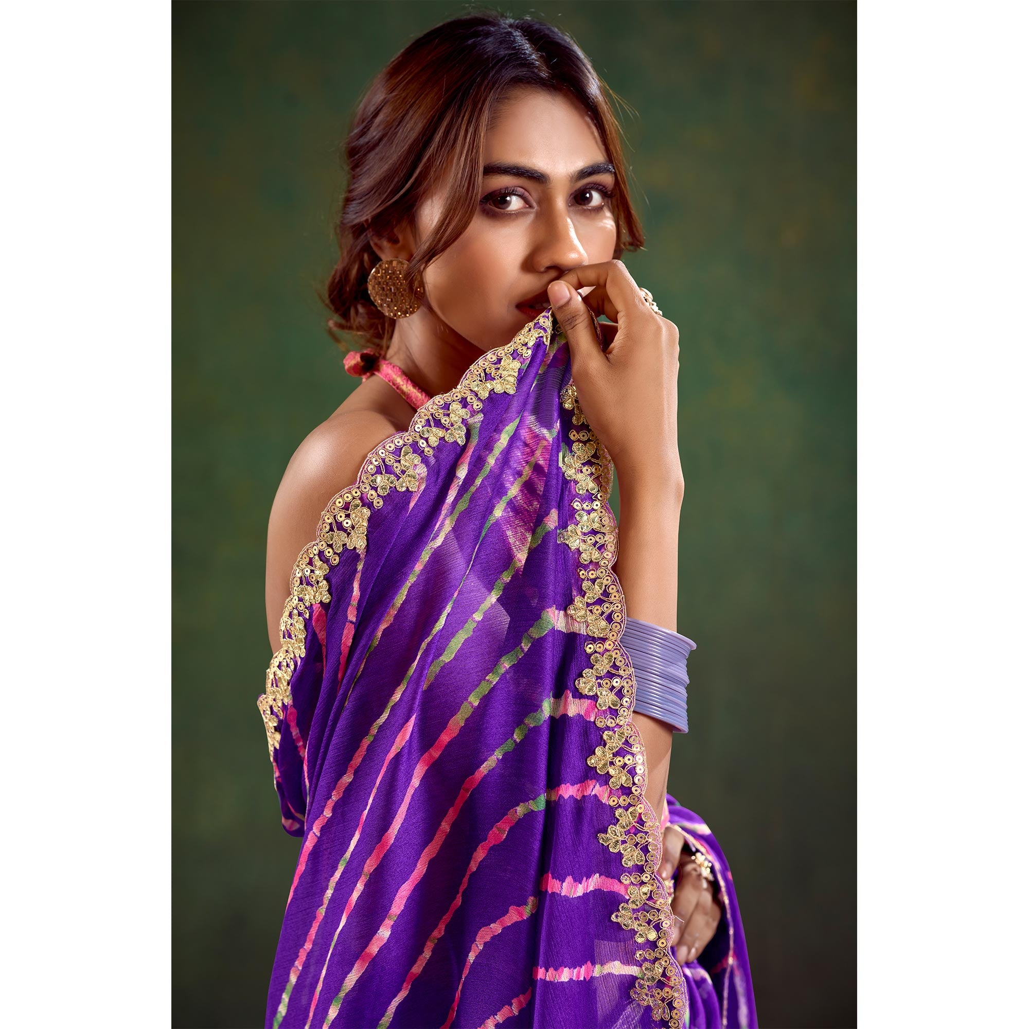 Violet Printed Chiffon Saree With Sequins Border