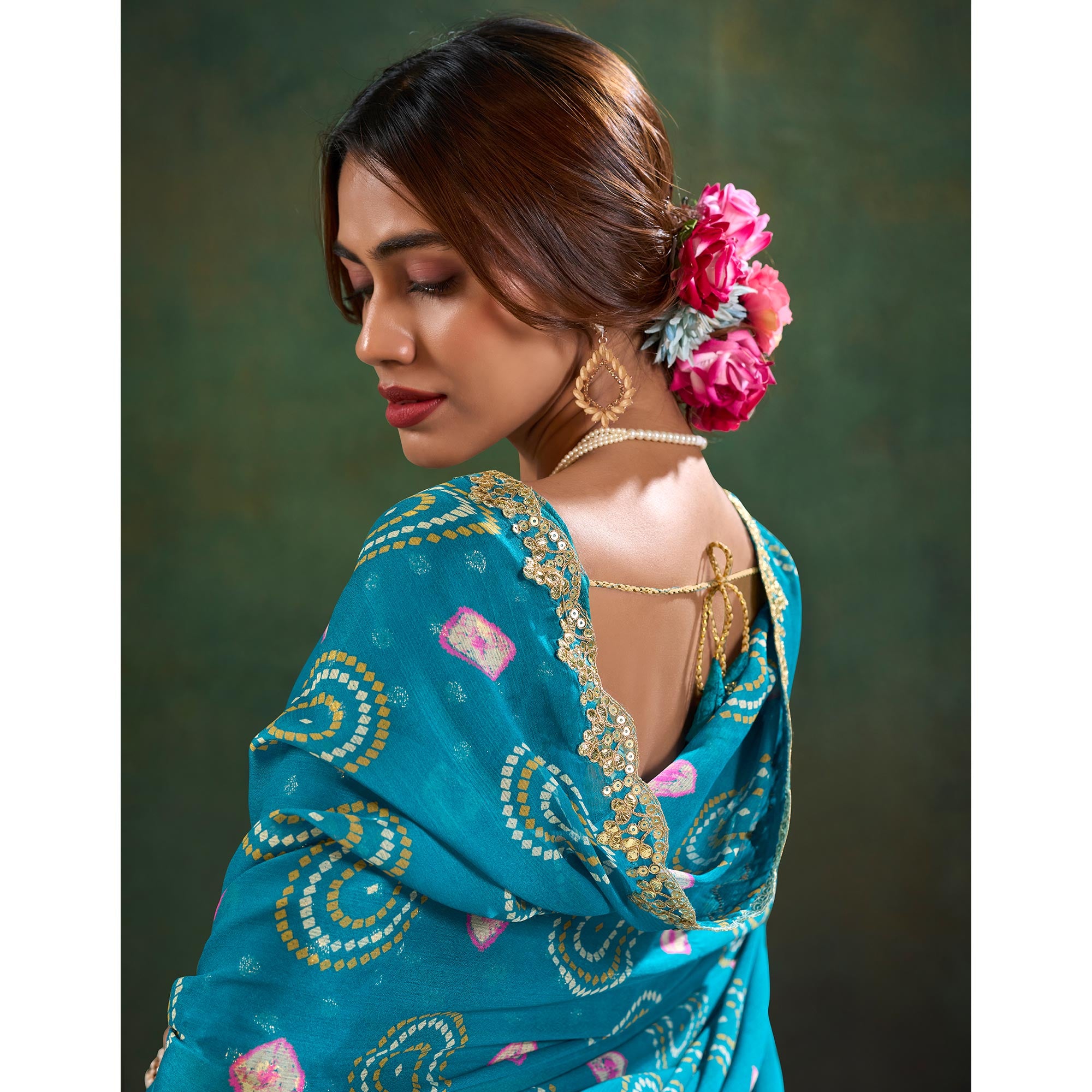 Teal Printed Chiffon Saree With Sequins Border