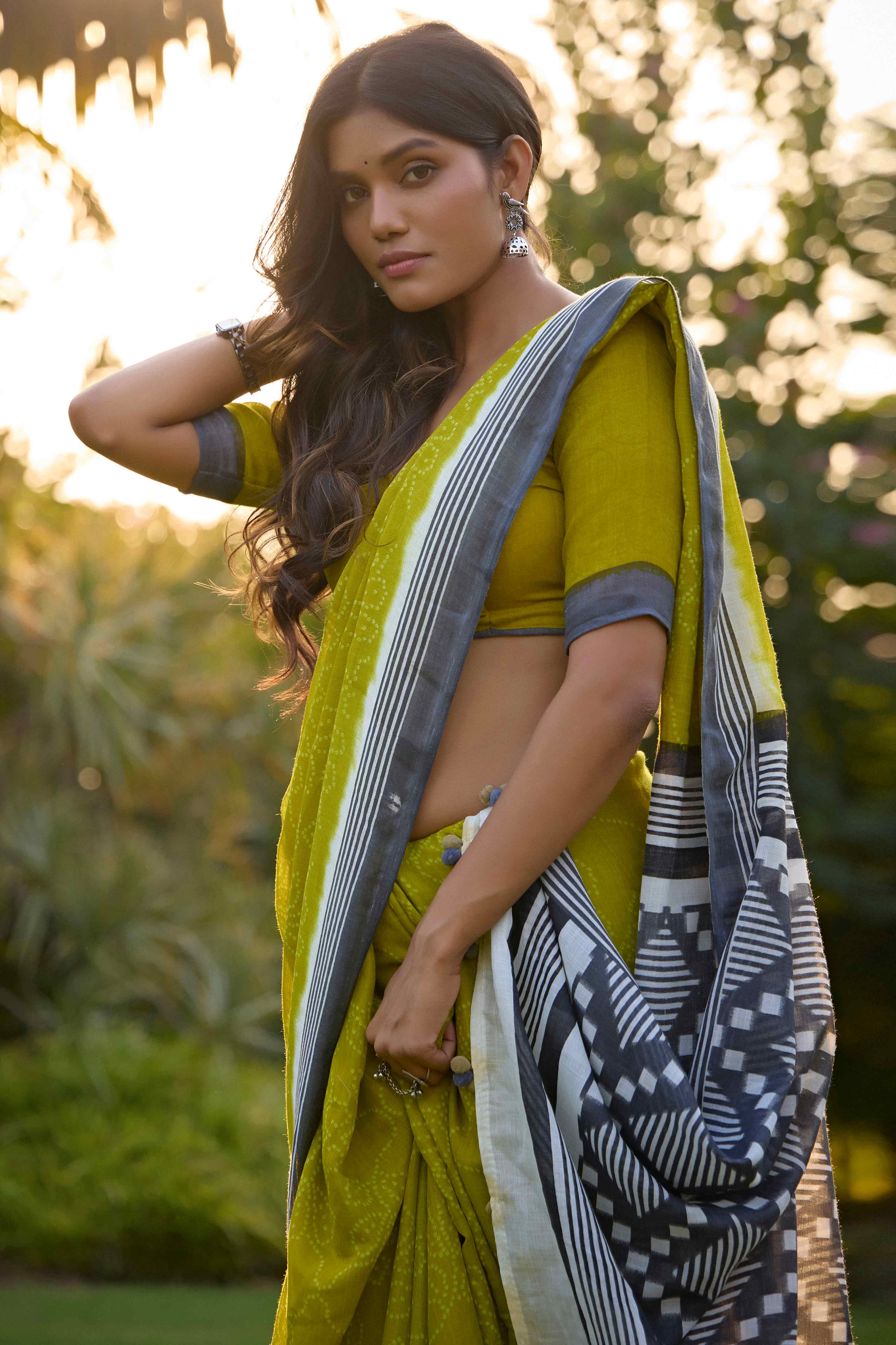 Green Bandhani Printed Linen Saree