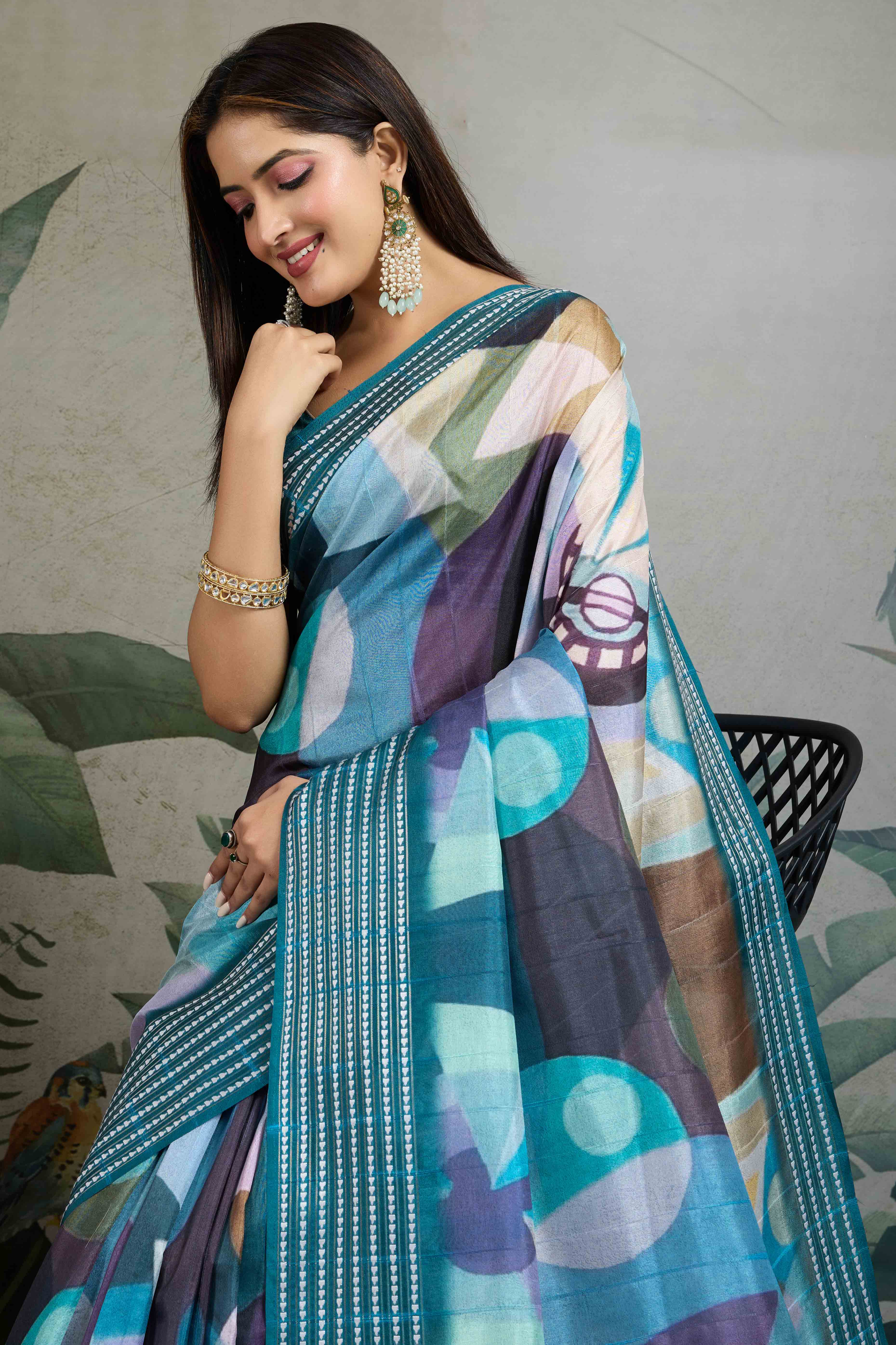 Teal Silk Blend Saree with Geometric Print