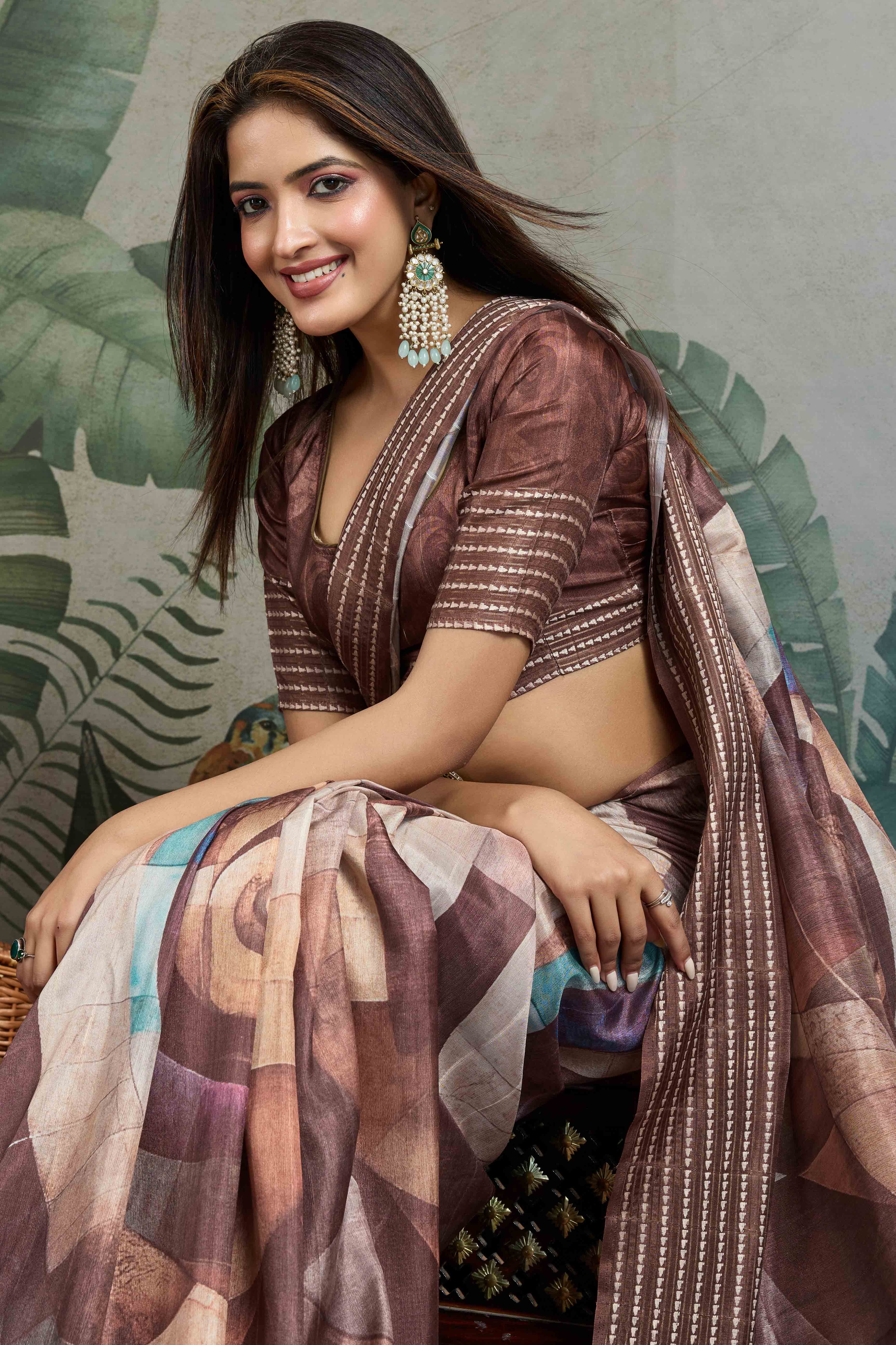 Brown Silk Blend Saree with Geometric Print