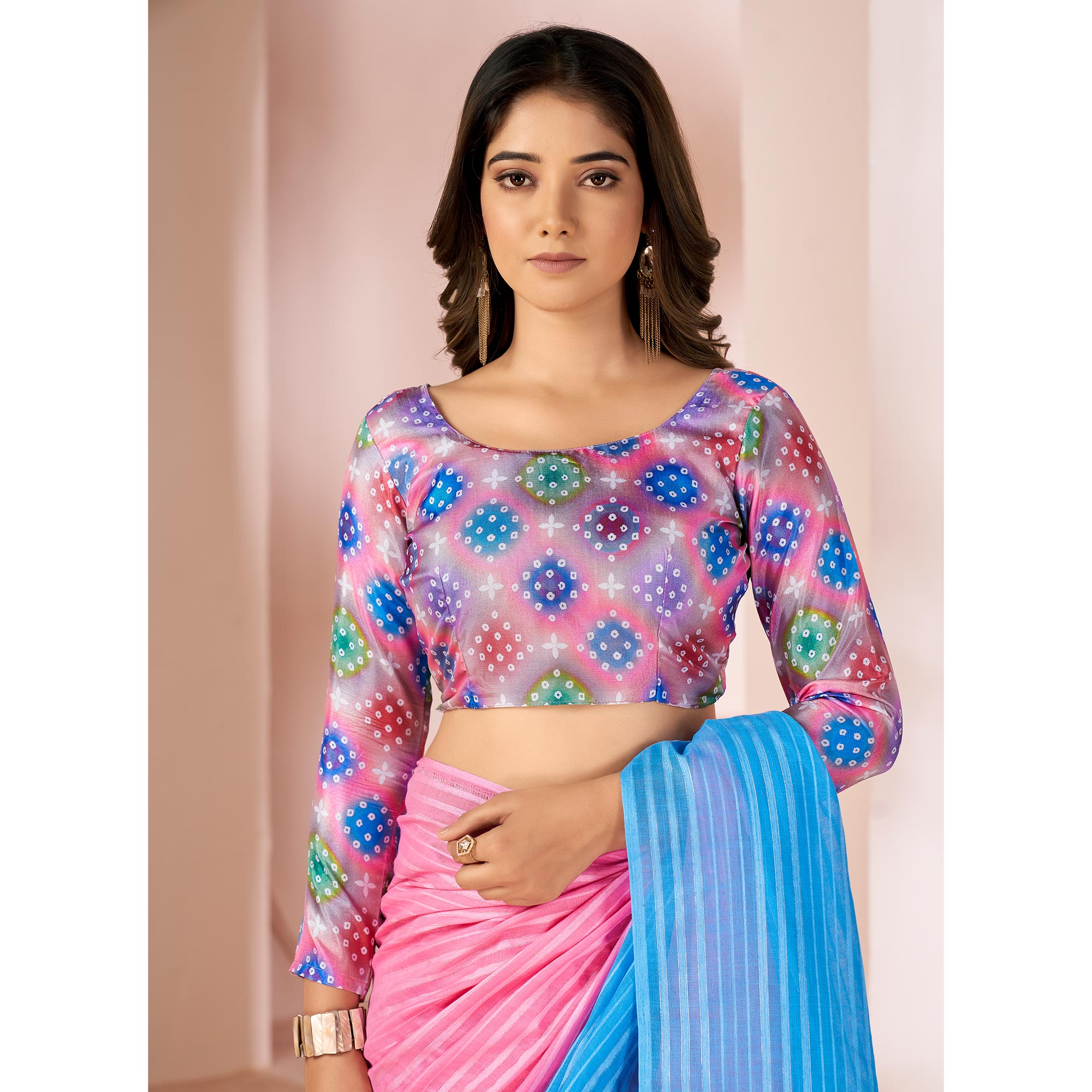 Pink & Blue Woven Linen Saree With Tassels
