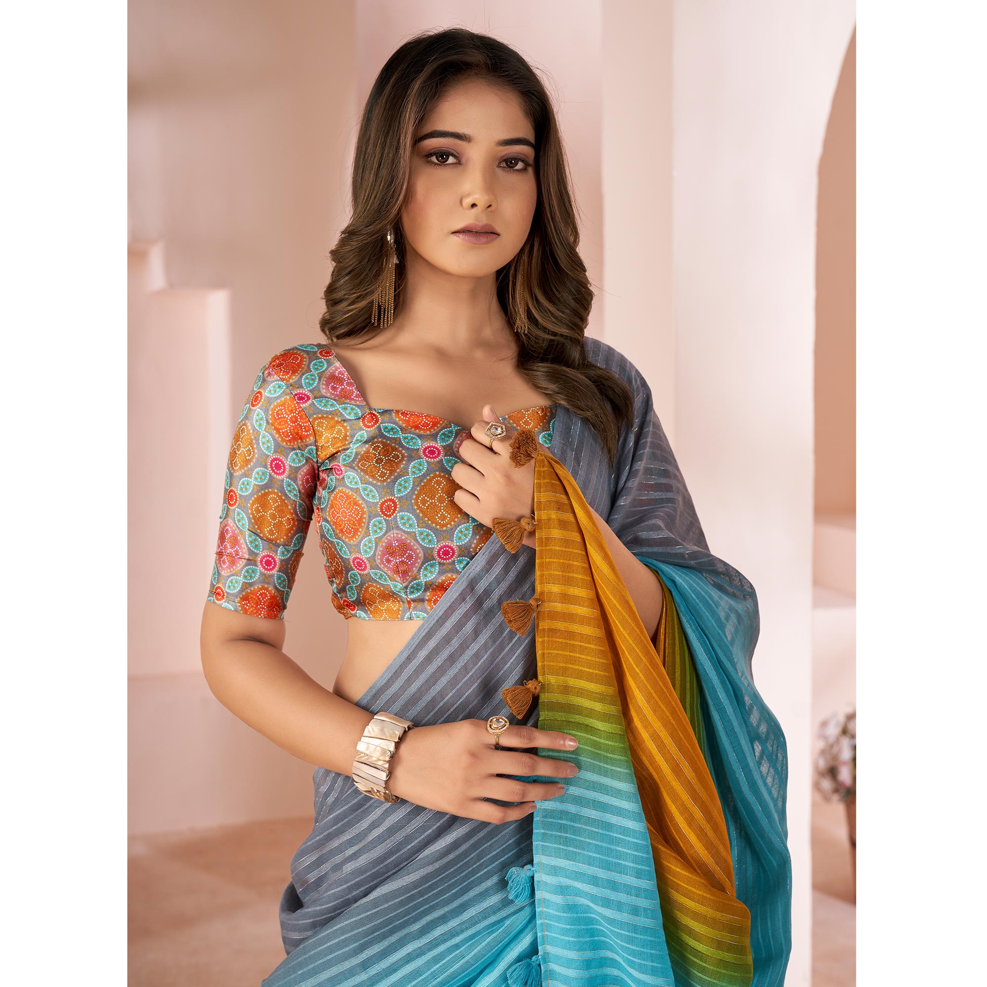 Multicolor Woven Linen Saree With Tassels