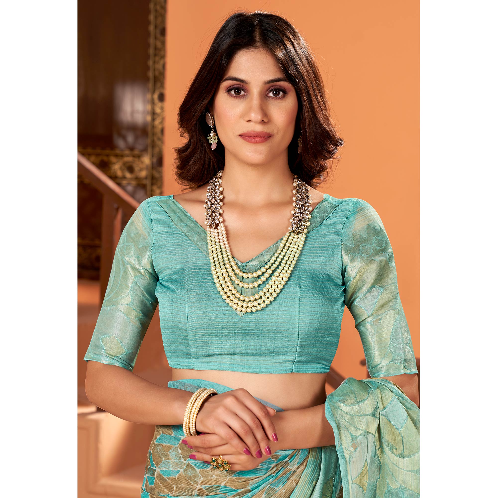 Sea Green Printed Organza Saree With Woven Border